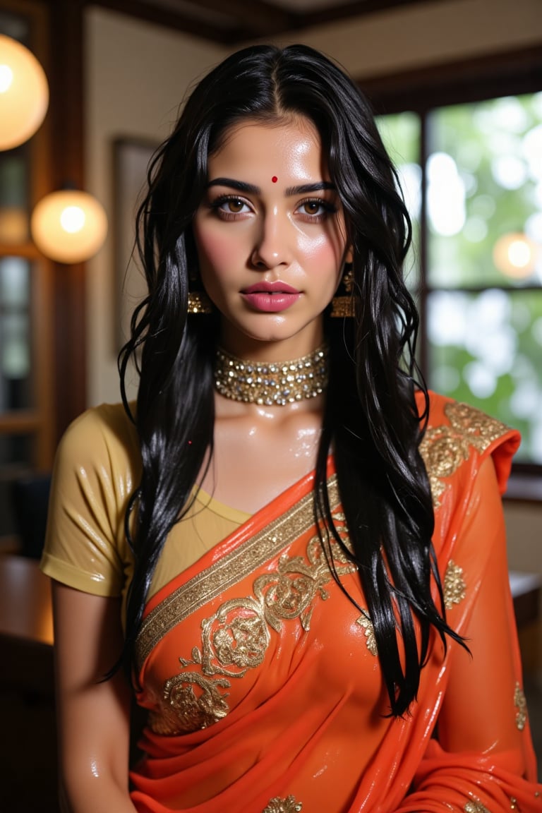 (wet clothes, wet hair, wet face, wet skin, wet curly hair) ,

 Wet clothes. Wet hair, wet skin, slimy hair, slimy clothes, wet saree


A hyperrealistic portrait of a beautiful  soaking wet Indian woman with long, wavy wet black hair in a coffee shop. The lady looks into the camera with a slightly open mouth and wears an Indian-style jeweled choker that hides her neck. She has striking brown almond-shaped eyes, framed by thick lashes, and radiant, flawless skin. Dressed in a wet soapy  silk saree with intricate gold embroidery, paired with a wet rich  blouse, she stands confidently in a poised fashion model stance. She also wears a matching shawl. She wears delicate gold jewelry and a traditional red bindi. The lighting is soft and natural, casting a warm glow and subtle shadows, enhancing her elegant attire. Shot in 8K, every detail is rendered with stunning clarity and depth.", "n": 1 award-winning photograph, by Boris Vallejo, Raphael, Caravaggio, Greg Rutkowski, Beeple, looking like Madhubala and Cleopatra. Beksinski, sun ray tracing, 8k, dslr, soft lighting, high quality, film grain, Fujifilm XT3 --ar 2:3 Negative Prompt: (long neck:2), (ugly face:0.8), cross-eyed, (worst quality:2), (low quality:2), (normal quality:2), lowres, normal quality, bad anatomy, tilted head, lowres, bad anatomy, bad hands, text, error, missing fingers, extra digit, fewer digits, missing fingers, missing arms, missing legs, extra digit, extra arms, low details, oversaturated, undersaturated, overexposed, underexposed, grayscale, bw, bad photo, bad photography, bad art:1.4), (watermark, signature, text font, username, error, logo, words, letters, digits, autograph, trademark

4K, RAW, masterpiece, soakingwetclothes, high definition, luxury fashion photography, professional news studio atmosphere., Fetishwet,Enhanced all,Wetfetish,covered in oil,covered in mud,wam,pouring oil,wetlook,pouring oil