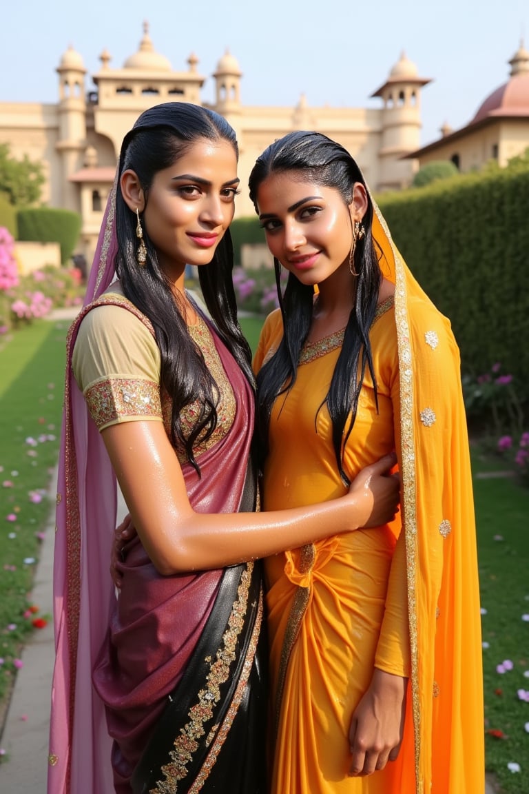 A photo of two beautiful soaking wet slimed Rajkumaries in a traditional Indian setting. Both of The wet Rajkumari is wearing different style wet  Rajasthani conservative bridal  saree with heavy embroidery paired with wet veils. They are standing in a lush garden with various flowers. The background contains a palace with intricate architecture and multiple domes. Their clothes, hair, skin are completely soaking wet.  Their hair, clothes, and skin are completely wet, slimed with transparent gunge and both of their wet clothes cling to their skin. .. Shampoo in hair. Soap flowing through clothes. brown eyes, small earring in right ear, very long eyelashes, sensual lips, provocative but conservative expression. They are completely doused in water and transparent slime. her hair is fully slimed and gunjed.

.The soft light illuminates the left side of the frame, casting a flattering glow on her serene expression.,Fetishwet,Wet,covered in oil,covered in mud,wam,wet clothes,pouring oil,wetlook,pouring oil, the girl is completely doused with transparent slimes, ((Wet clothes, wet skin, wet hair, slimed clothes, slimed hair, slimled skin)