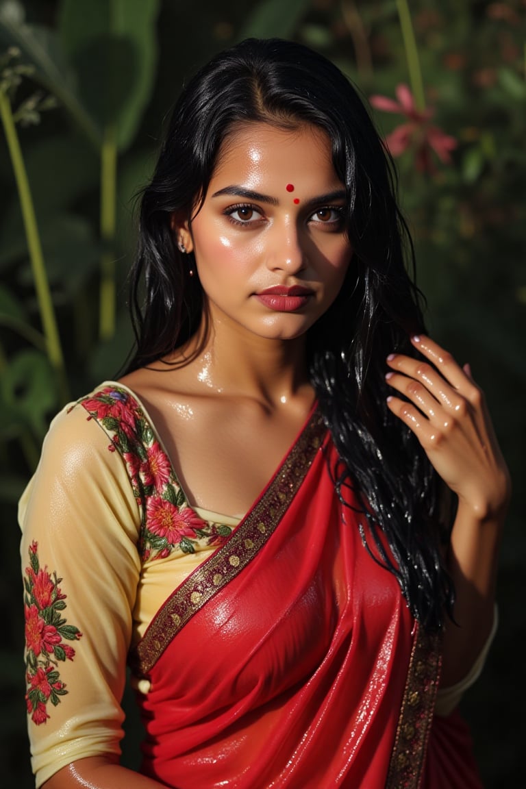 ((wet clothes, wet hair, wet face, wet skin, )), Raw photo of (18yo Kerala Beautiful young woman:1.1, (best quality, highres, ultra-detailed:1.2), This breathtaking photograph, shot on a Canon 1DX with a 50 mm f/2.8 lens, beautifully showcases the raw and authentic beauty of life. high resolution 8k image quality, vibrant colors, glowing dimond, glowing eyes, realistic Raw photo, realistic lighting, traditional wet  saree with embroidery design, wet full sleeve blouse with embroidery design, exotic beauty, mesmerizing eyes, girl ,Thrissur,Mallu,Saree,35mm photo.,Fetishwet,Wet,covered in oil,covered in mud,wam,wet clothes,wetlook, the girl is completely doused with transparent slimes,Wetfetish,Enhanced all