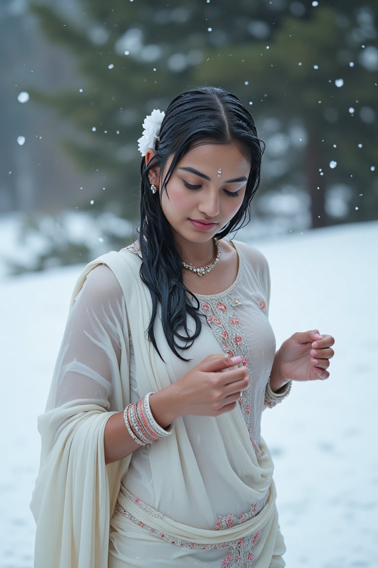 ((wet clothes, wet hair, wet face, wet skin, )), Raw photo of (18yo Kerala Beautiful young woman:1.1, (best quality, highres, ultra-detailed:1.2), This breathtaking photograph, shot on a Canon 1DX with a 50 mm f/2.8 lens, beautifully showcases the raw and authentic beauty of snow life, winter, snow. high resolution 8k image quality, vibrant colors, glowing dimond, glowing eyes, realistic Raw photo, realistic lighting, she wears a white long fur coat and underneath she wears traditional wet  saree with embroidery design paired with a dupatta elegantly draped on right shoulder, wet blouse with embroidery design, exotic beauty of women and winter, mesmerizing eyes, girl ,Thrissur,Mallu,Saree,35mm photo.,Fetishwet,Wet,covered in oil,covered in mud,wam,wet clothes,wetlook, the girl is completely doused with transparent slimes,Wetfetish,Enhanced all