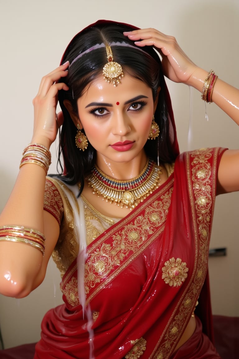 A wet soaked woman adorned in traditional very wet South Asian attire, possibly representing a bride or a bridesmaid. She is wearing a vibrant red saree with intricate gold embroidery and motifs. The saree is draped over her left shoulder, revealing a golden blouse underneath. She also wears a maroon bridal veil, which covers her right shoulder. She is accessorized with a multi-layered necklace, large earrings, and multiple bangles on her right wrist. A maang tikka, a traditional headpiece, rests on her forehead. The background is soft and blurred, emphasizing the woman as the central focus. Wet clothes clinging on her, wetness visible. Their clothes, hair, skin are completely soaking wet.  Their hair, clothes, and skin are completely wet, slimed with transparent gunge and both of their wet clothes cling to their skin. .. Shampoo in hair. Soap flowing through clothes. brown eyes, small earring in right ear, very long eyelashes, sensual lips, provocative but conservative expression. They are completely doused in water and transparent slime. her hair is fully slimed and gunjed.

.The soft light illuminates the left side of the frame, casting a flattering glow on her serene expression.,Fetishwet,Wet,covered in oil,covered in mud,wam,wet clothes,pouring oil,wetlook,pouring oil, the girl is completely doused with transparent slimes, ((Wet clothes, wet skin, wet hair, slimed clothes, slimed hair, slimled skin),Enhanced all