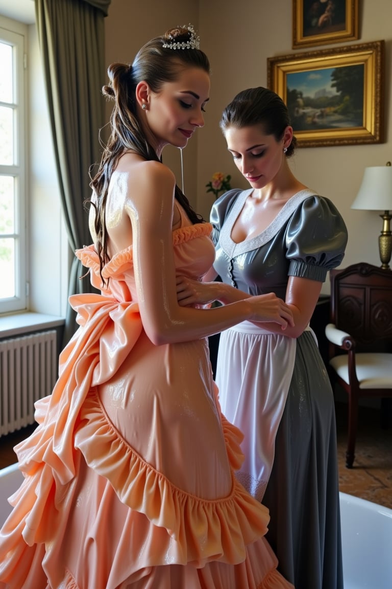 A photo of two soaking wet slimy women in an opulent room with vintage decor. The wet woman on the left is wearing a wet voluminous, glossy peach-colored cotton gown with ruffles and a large wet bow at the back. She has her wet slimy hair styled in an elaborate updo adorned with a tiara. The wet woman on the right is dressed in a wet, long, glossy grayish-blue cotton wet maid outfit with a wet white cotton apron and lace trim. She is bending down, seemingly adjusting or straightening the other woman's wet gown. The room has a window letting in natural light, and there are framed paintings on the walls. A plush carpet lies on the wooden floor, and the ambiance exudes a sense of luxury and elegance. Their hair, clothes, and skin are completely wet, slimed with transparent gunge and both of their wet clothes cling to their skin. They have shampoo in their hair, and suds are running down their bodies.. Shampoo in hair. Soap flowing through clothes. brown eyes, small earring in right ear, very long eyelashes, sensual lips, provocative but conservative expression. she is completely doused in water and transparent slime. her hair is fully slimed and gunjed.

.The soft light illuminates the left side of the frame, casting a flattering glow on her serene expression.,Fetishwet,Wet,covered in oil,covered in mud,wam,wet clothes,pouring oil,wetlook,pouring oil, the girl is completely doused with transparent slimes, ((Wet clothes, wet skin, wet hair, slimed clothes, slimed hair, slimled skin)