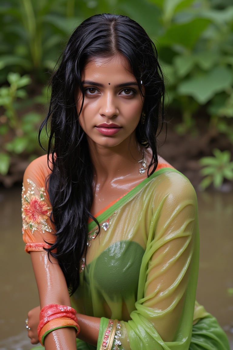 ((wet clothes, wet hair, wet face, wet skin, )), Raw photo of (18yo Kerala Beautiful young woman:1.1, (best quality, highres, ultra-detailed:1.2), This breathtaking photograph, shot on a Canon 1DX with a 50 mm f/2.8 lens, beautifully showcases the raw and authentic beauty of life. high resolution 8k image quality, vibrant colors, glowing dimond, glowing eyes, realistic Raw photo, realistic lighting, traditional wet  saree with embroidery design, wet full sleeve blouse with embroidery design, exotic beauty, mesmerizing eyes, girl ,Thrissur,Mallu,Saree,35mm photo.,Fetishwet,Wet,covered in oil,covered in mud,wam,wet clothes,wetlook, the girl is completely doused with transparent slimes,Wetfetish,Enhanced all