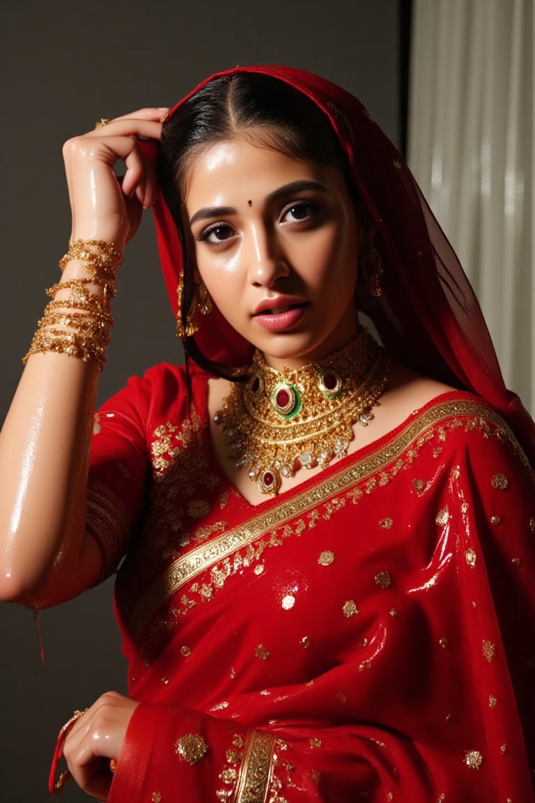 ((wet clothes, wet hair, wet face, wet skin, )), detailed soaking wet Norwegian woman in her 20s wearing wet slimy indian traditional bridal saree, traditional bridal vail, and jewelery , detailed wet slimy red traditional bridal saree, detailed gold jewelery , full body image . The soft light illuminates the left side of the frame, casting a flattering glow on her serene expression.,Fetishwet,Wet,covered in oil,covered in mud,wam,wet clothes,pouring oil,wetlook,pouring oil, the girl is completely doused with transparent slimes, 