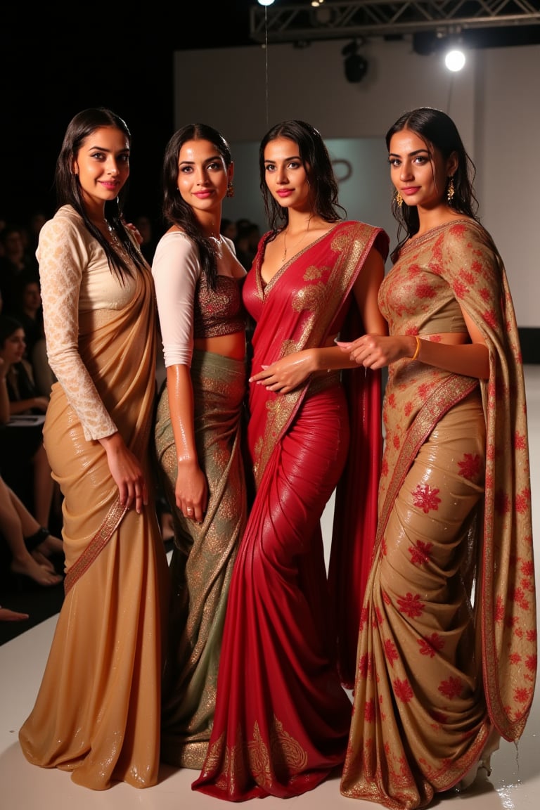 An image of Four beautiful soaking wet slimy greek women in wet saree in a fashion show, All of them are wearing wet sarees with richly patterned intricate motifs and wet full-sleeve cotton blouses. Their wet clothes clinging to their bodies. The wet blouses are shining with moisture, creating a glistening effect. The scene is illuminated by the soft, warm light, highlighting the water droplets on their skin. The composition captures their relaxed poses, with the water flowing down their forms, creating a sensual and intimate atmosphere, adding to the ambiance. They are fully doused with transparent slime.  completely wet and slimy, VNS_Add more details,Wet,covered in oil,covered in mud,wam,wet clothes,pouring oil,wetlook,pouring oil,Fetishwet, her dress covered with slime, her skin and hair covered in slime. ((Wet clothes, wet skin, wet hair, slimed clothes, slimed hair, slimled skin)