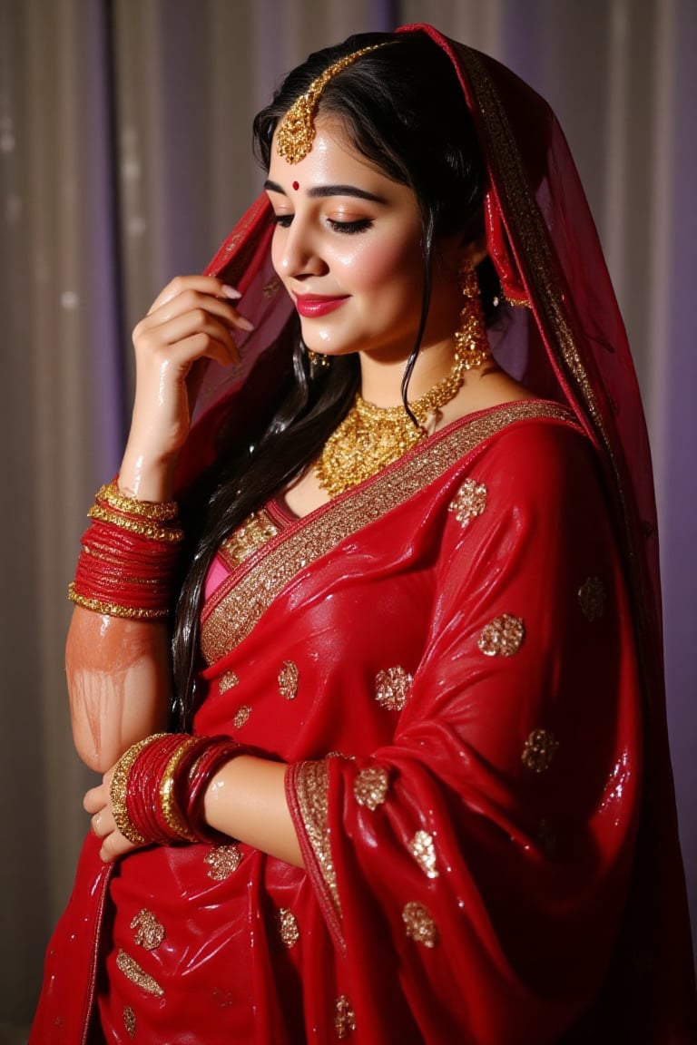 ((wet clothes, wet hair, wet face, wet skin, )), detailed soaking wet indian woman in her 20s wearing wet slimy indian bridal saree, bridal vail, and jewelery , detailed wet slimy red bridal saree, detailed gold jewelery , full body image . The soft light illuminates the left side of the frame, casting a flattering glow on her serene expression.,Fetishwet,Wet,covered in oil,covered in mud,wam,wet clothes,pouring oil,wetlook,pouring oil, the girl is completely doused with transparent slimes, 