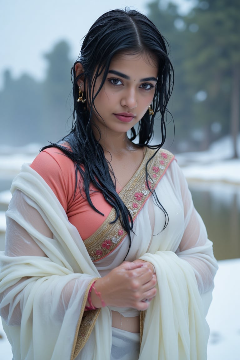 ((wet clothes, wet hair, wet face, wet skin, )), Raw photo of (18yo Kerala Beautiful young woman:1.1, (best quality, highres, ultra-detailed:1.2), This breathtaking photograph, shot on a Canon 1DX with a 50 mm f/2.8 lens, beautifully showcases the raw and authentic beauty of snow life, winter, snow. high resolution 8k image quality, vibrant colors, glowing dimond, glowing eyes, realistic Raw photo, realistic lighting, she wears a white long fur coat and underneath she wears traditional wet  saree with embroidery design paired with a dupatta elegantly draped on right shoulder, wet blouse with embroidery design, exotic beauty, mesmerizing eyes, girl ,Thrissur,Mallu,Saree,35mm photo.,Fetishwet,Wet,covered in oil,covered in mud,wam,wet clothes,wetlook, the girl is completely doused with transparent slimes,Wetfetish,Enhanced all