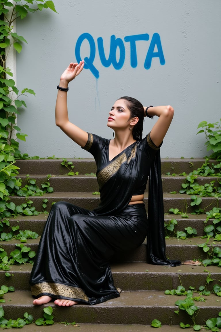 ((wet clothes, wet hair, wet face, wet skin, )), Raw photo,  a soaking wet woman dressed in a wet black  traditional cotton saree with matching wet blouse, sitting on a set of stairs. Her wet saree has golden motif design.   her hands are raised in the air. The woman's wet hair is pulled back in a ponytail, and she's looking up at the sky. The stairs she is sitting on are made of concrete, and the stairs are covered in green ivy leaves. The wall behind her is painted in a light gray color, and there is a blue "QUOTA" spray painted on the wall behind the woman..,Fetishwet,Wet,covered in oil,covered in mud,wam,wet clothes,wetlook, the girl is completely doused with transparent slimes,Wetfetish,Enhanced all