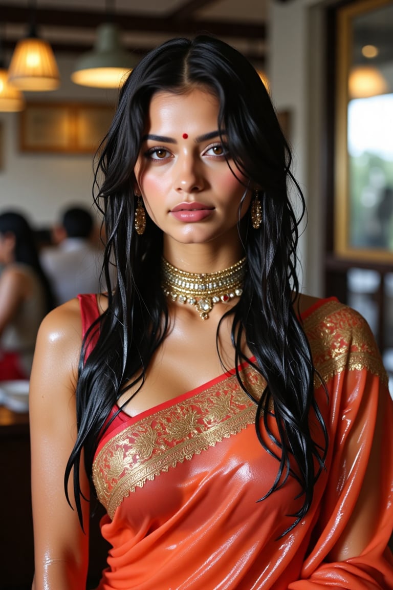 (wet clothes, wet hair, wet face, wet skin, wet curly hair) ,

 Wet clothes. Wet hair, wet skin, slimy hair, slimy clothes, wet saree


A hyperrealistic portrait of a beautiful  soaking wet Indian woman with long, wavy wet black hair in a coffee shop. The lady looks into the camera with a slightly open mouth and wears an Indian-style jeweled choker that hides her neck. She has striking brown almond-shaped eyes, framed by thick lashes, and radiant, flawless skin. Dressed in a wet soapy  silk saree with intricate gold embroidery, paired with a wet rich  blouse, she stands confidently in a poised fashion model stance. She also wears a matching shawl. She wears delicate gold jewelry and a traditional red bindi. The lighting is soft and natural, casting a warm glow and subtle shadows, enhancing her elegant attire. Shot in 8K, every detail is rendered with stunning clarity and depth.", "n": 1 award-winning photograph, by Boris Vallejo, Raphael, Caravaggio, Greg Rutkowski, Beeple, looking like Madhubala and Cleopatra. Beksinski, sun ray tracing, 8k, dslr, soft lighting, high quality, film grain, Fujifilm XT3 --ar 2:3 Negative Prompt: (long neck:2), (ugly face:0.8), cross-eyed, (worst quality:2), (low quality:2), (normal quality:2), lowres, normal quality, bad anatomy, tilted head, lowres, bad anatomy, bad hands, text, error, missing fingers, extra digit, fewer digits, missing fingers, missing arms, missing legs, extra digit, extra arms, low details, oversaturated, undersaturated, overexposed, underexposed, grayscale, bw, bad photo, bad photography, bad art:1.4), (watermark, signature, text font, username, error, logo, words, letters, digits, autograph, trademark

4K, RAW, masterpiece, soakingwetclothes, high definition, luxury fashion photography, professional news studio atmosphere., Fetishwet,Enhanced all,Wetfetish,covered in oil,covered in mud,wam,pouring oil,wetlook,pouring oil