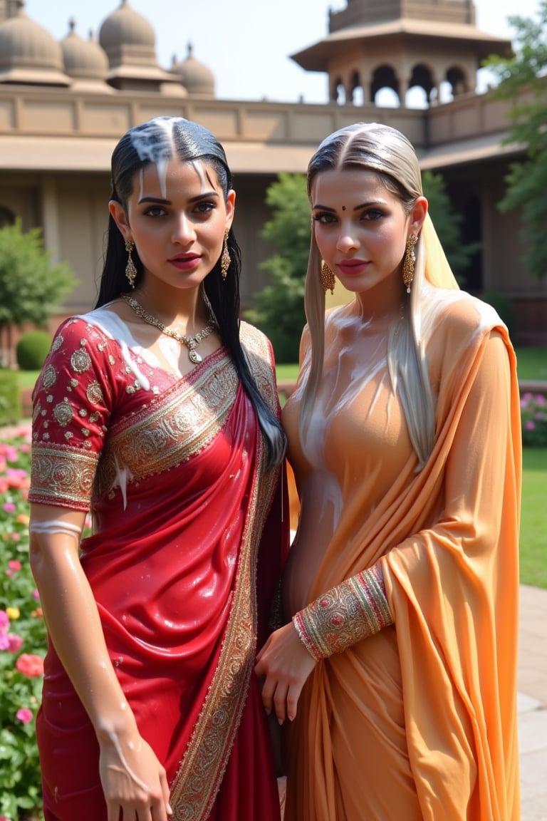 A photo of two beautiful soaking wet slimed Rajkumaries in a traditional Indian setting. Both of The wet Rajkumari is wearing different style wet  Rajasthani conservative bridal  saree with heavy embroidery paired with wet veils. They are standing in a lush garden with various flowers. The background contains a palace with intricate architecture and multiple domes. Their clothes, hair, skin are completely soaking wet.  Their hair, clothes, and skin are completely wet, slimed with transparent gunge and both of their wet clothes cling to their skin. .. Shampoo in hair. Soap flowing through clothes. brown eyes, small earring in right ear, very long eyelashes, sensual lips, provocative but conservative expression. They are completely doused in water and transparent slime. her hair is fully slimed and gunjed.

.The soft light illuminates the left side of the frame, casting a flattering glow on her serene expression.,Fetishwet,Wet,covered in oil,covered in mud,wam,wet clothes,pouring oil,wetlook,pouring oil, the girl is completely doused with transparent slimes, ((Wet clothes, wet skin, wet hair, slimed clothes, slimed hair, slimled skin)