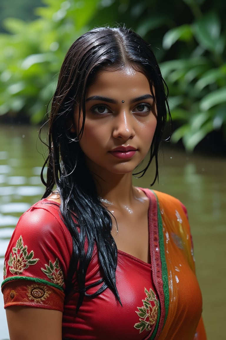 ((wet clothes, wet hair, wet face, wet skin, )), Raw photo of (18yo Kerala Beautiful young woman:1.1, (best quality, highres, ultra-detailed:1.2), This breathtaking photograph, shot on a Canon 1DX with a 50 mm f/2.8 lens, beautifully showcases the raw and authentic beauty of life. high resolution 8k image quality, vibrant colors, glowing dimond, glowing eyes, realistic Raw photo, realistic lighting, traditional wet  saree with embroidery design, wet full sleeve blouse with embroidery design, exotic beauty, mesmerizing eyes, girl ,Thrissur,Mallu,Saree,35mm photo.,Fetishwet,Wet,covered in oil,covered in mud,wam,wet clothes,wetlook, the girl is completely doused with transparent slimes,Wetfetish,Enhanced all