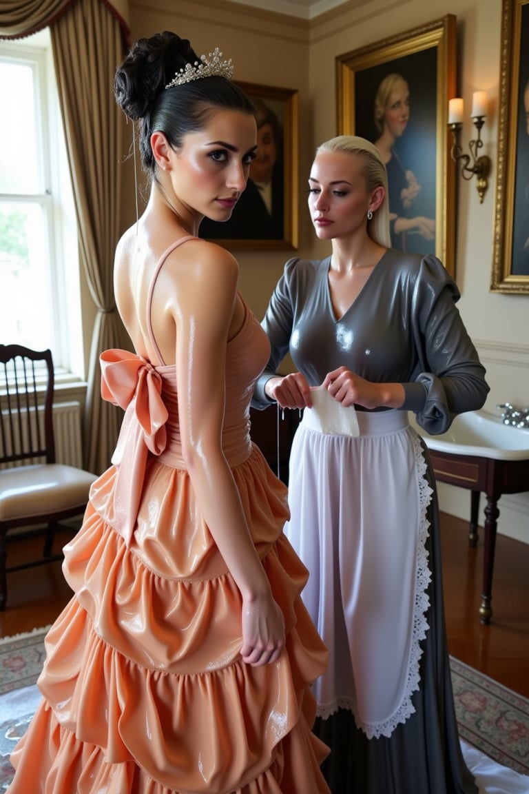 A photo of two soaking wet slimy women in an opulent room with vintage decor. The wet woman on the left is wearing a wet voluminous, glossy peach-colored cotton gown with ruffles and a large wet bow at the back. She has her wet slimy hair styled in an elaborate updo adorned with a tiara. The wet woman on the right is dressed in a wet, long, glossy grayish-blue cotton wet maid outfit with a wet white cotton apron and lace trim. She is bending down, seemingly adjusting or straightening the other woman's wet gown. The room has a window letting in natural light, and there are framed paintings on the walls. A plush carpet lies on the wooden floor, and the ambiance exudes a sense of luxury and elegance. Their hair, clothes, and skin are completely wet, slimed with transparent gunge and both of their wet clothes cling to their skin. They have shampoo in their hair, and suds are running down their bodies.. Shampoo in hair. Soap flowing through clothes. brown eyes, small earring in right ear, very long eyelashes, sensual lips, provocative but conservative expression. she is completely doused in water and transparent slime. her hair is fully slimed and gunjed.

.The soft light illuminates the left side of the frame, casting a flattering glow on her serene expression.,Fetishwet,Wet,covered in oil,covered in mud,wam,wet clothes,pouring oil,wetlook,pouring oil, the girl is completely doused with transparent slimes, ((Wet clothes, wet skin, wet hair, slimed clothes, slimed hair, slimled skin)