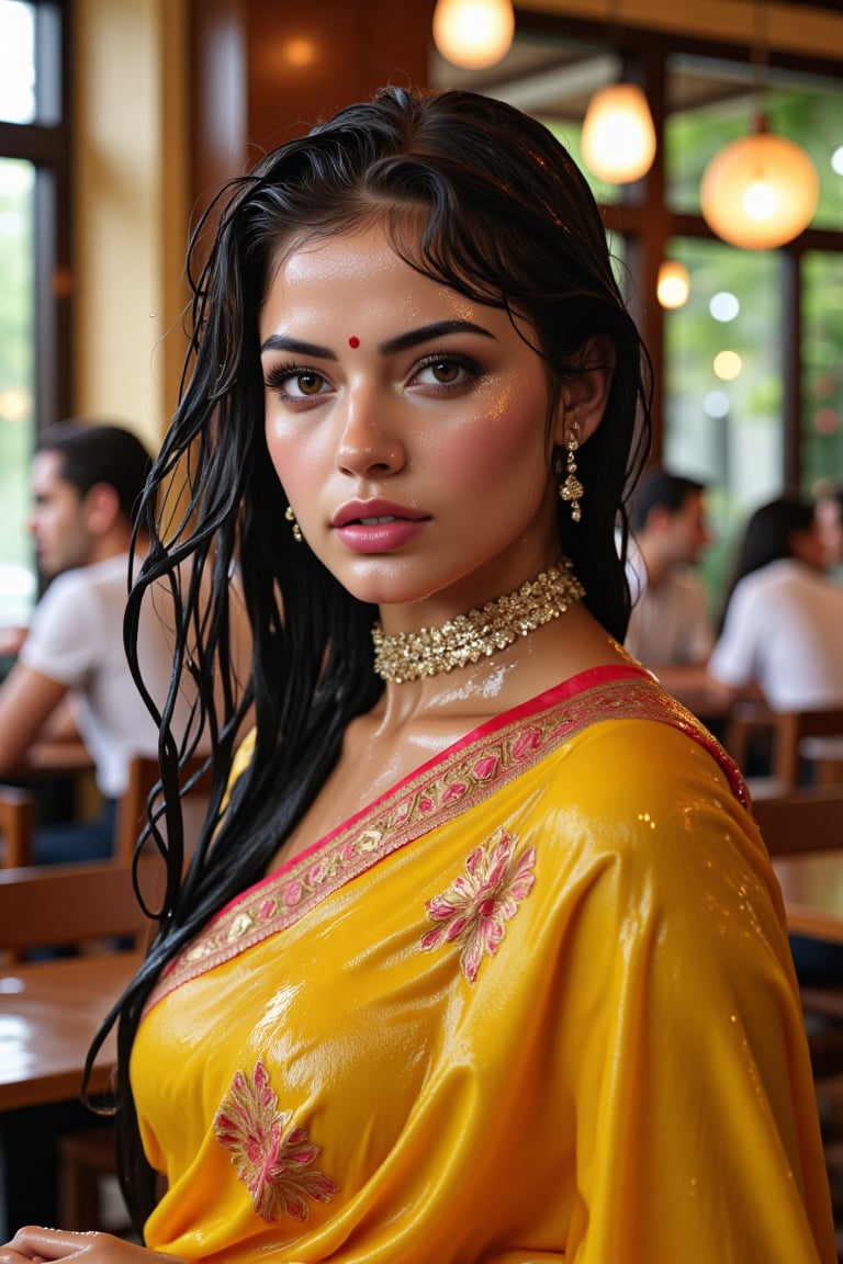 (wet clothes, wet hair, wet face, wet skin, wet curly hair) ,

 Wet clothes. Wet hair, wet skin, slimy hair, slimy clothes, wet saree


A hyperrealistic portrait of a beautiful  soaking wet Indian woman with long, wavy wet black hair in a coffee shop. The lady looks into the camera with a slightly open mouth and wears an Indian-style jeweled choker that hides her neck. She has striking brown almond-shaped eyes, framed by thick lashes, and radiant, flawless skin. Dressed in a wet soapy mustard-yellow silk saree with intricate gold embroidery, paired with a wet rich red blouse, she stands confidently in a poised fashion model stance. She also wears a matching shawl. She wears delicate gold jewelry and a traditional red bindi. The lighting is soft and natural, casting a warm glow and subtle shadows, enhancing her elegant attire. Shot in 8K, every detail is rendered with stunning clarity and depth.", "n": 1 award-winning photograph, by Boris Vallejo, Raphael, Caravaggio, Greg Rutkowski, Beeple, looking like Madhubala and Cleopatra. Beksinski, sun ray tracing, 8k, dslr, soft lighting, high quality, film grain, Fujifilm XT3 --ar 2:3 Negative Prompt: (long neck:2), (ugly face:0.8), cross-eyed, (worst quality:2), (low quality:2), (normal quality:2), lowres, normal quality, bad anatomy, tilted head, lowres, bad anatomy, bad hands, text, error, missing fingers, extra digit, fewer digits, missing fingers, missing arms, missing legs, extra digit, extra arms, low details, oversaturated, undersaturated, overexposed, underexposed, grayscale, bw, bad photo, bad photography, bad art:1.4), (watermark, signature, text font, username, error, logo, words, letters, digits, autograph, trademark

4K, RAW, masterpiece, soakingwetclothes, high definition, luxury fashion photography, professional news studio atmosphere., Fetishwet,Enhanced all,Wetfetish,covered in oil,covered in mud,wam,pouring oil,wetlook,pouring oil