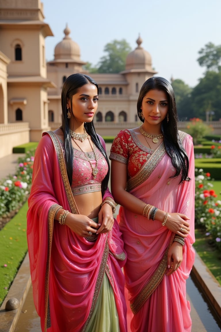 A photo of two beautiful soaking wet slimed Rajkumaries in a traditional Indian setting. Both of The wet Rajkumari is wearing different style wet  Rajasthani conservative bridal  saree with heavy embroidery paired with wet veils. They are standing in a lush garden with various flowers. The background contains a palace with intricate architecture and multiple domes. Their clothes, hair, skin are completely soaking wet.  Their hair, clothes, and skin are completely wet, slimed with transparent gunge and both of their wet clothes cling to their skin. .. Shampoo in hair. Soap flowing through clothes. brown eyes, small earring in right ear, very long eyelashes, sensual lips, provocative but conservative expression. They are completely doused in water and transparent slime. her hair is fully slimed and gunjed.

.The soft light illuminates the left side of the frame, casting a flattering glow on her serene expression.,Fetishwet,Wet,covered in oil,covered in mud,wam,wet clothes,pouring oil,wetlook,pouring oil, the girl is completely doused with transparent slimes, ((Wet clothes, wet skin, wet hair, slimed clothes, slimed hair, slimled skin)