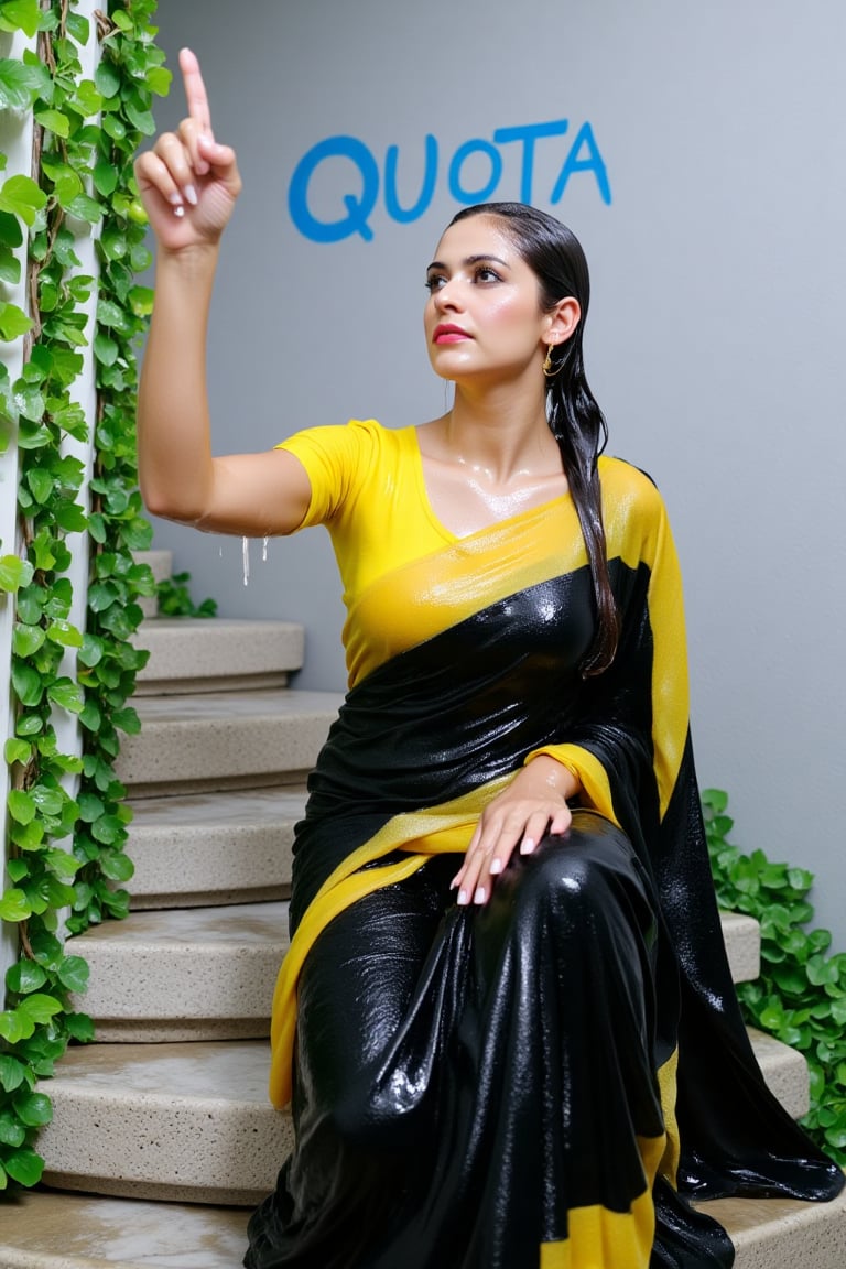 ((wet clothes, wet hair, wet face, wet skin, )), Raw photo,  a soaking wet woman dressed in a wet black and yellow traditional cotton saree with matching wet blouse, sitting on a set of stairs. She is pointing to the left side of the image, her right hand is raised in the air. The woman's wet hair is pulled back in a ponytail, and she's looking up at the sky. The stairs she is sitting on are made of concrete, and the stairs are covered in green ivy leaves. The wall behind her is painted in a light gray color, and there is a blue "QUOTA" spray painted on the wall behind the woman..,Fetishwet,Wet,covered in oil,covered in mud,wam,wet clothes,wetlook, the girl is completely doused with transparent slimes,Wetfetish,Enhanced all