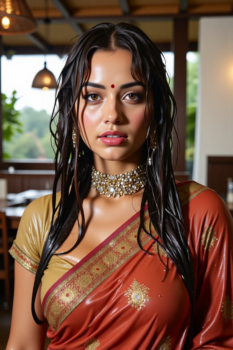 (wet clothes, wet hair, wet face, wet skin, wet curly hair) ,

 Wet clothes. Wet hair, wet skin, slimy hair, slimy clothes, wet saree


A hyperrealistic portrait of a beautiful  soaking wet Indian woman with long, wavy wet black hair in a coffee shop. The lady looks into the camera with a slightly open mouth and wears an Indian-style jeweled choker that hides her neck. She has striking brown almond-shaped eyes, framed by thick lashes, and radiant, flawless skin. Dressed in a wet soapy  silk saree with intricate gold embroidery, paired with a wet rich  blouse, she stands confidently in a poised fashion model stance. She also wears a matching shawl. She wears delicate gold jewelry and a traditional red bindi. The lighting is soft and natural, casting a warm glow and subtle shadows, enhancing her elegant attire. Shot in 8K, every detail is rendered with stunning clarity and depth.", "n": 1 award-winning photograph, by Boris Vallejo, Raphael, Caravaggio, Greg Rutkowski, Beeple, looking like Madhubala and Cleopatra. Beksinski, sun ray tracing, 8k, dslr, soft lighting, high quality, film grain, Fujifilm XT3 --ar 2:3 Negative Prompt: (long neck:2), (ugly face:0.8), cross-eyed, (worst quality:2), (low quality:2), (normal quality:2), lowres, normal quality, bad anatomy, tilted head, lowres, bad anatomy, bad hands, text, error, missing fingers, extra digit, fewer digits, missing fingers, missing arms, missing legs, extra digit, extra arms, low details, oversaturated, undersaturated, overexposed, underexposed, grayscale, bw, bad photo, bad photography, bad art:1.4), (watermark, signature, text font, username, error, logo, words, letters, digits, autograph, trademark

4K, RAW, masterpiece, soakingwetclothes, high definition, luxury fashion photography, professional news studio atmosphere., Fetishwet,Enhanced all,Wetfetish,covered in oil,covered in mud,wam,pouring oil,wetlook,pouring oil