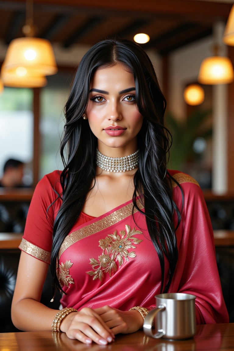 (wet clothes, wet hair, wet face, wet skin, wet curly hair) ,

 Wet clothes. Wet hair, wet skin, slimy hair, slimy clothes, wet saree


A hyperrealistic portrait of a beautiful  soaking wet Indian woman with long, wavy wet black hair in a coffee shop. The lady looks into the camera with a slightly open mouth and wears an Indian-style jeweled choker that hides her neck. She has striking brown almond-shaped eyes, framed by thick lashes, and radiant, flawless skin. Dressed in a wet soapy  silk saree with intricate gold embroidery, paired with a wet rich  blouse, she stands confidently in a poised fashion model stance. She also wears a matching shawl. She wears delicate gold jewelry and a traditional red bindi. The lighting is soft and natural, casting a warm glow and subtle shadows, enhancing her elegant attire. Shot in 8K, every detail is rendered with stunning clarity and depth.", "n": 1 award-winning photograph, by Boris Vallejo, Raphael, Caravaggio, Greg Rutkowski, Beeple, looking like Madhubala and Cleopatra. Beksinski, sun ray tracing, 8k, dslr, soft lighting, high quality, film grain, Fujifilm XT3 --ar 2:3 Negative Prompt: (long neck:2), (ugly face:0.8), cross-eyed, (worst quality:2), (low quality:2), (normal quality:2), lowres, normal quality, bad anatomy, tilted head, lowres, bad anatomy, bad hands, text, error, missing fingers, extra digit, fewer digits, missing fingers, missing arms, missing legs, extra digit, extra arms, low details, oversaturated, undersaturated, overexposed, underexposed, grayscale, bw, bad photo, bad photography, bad art:1.4), (watermark, signature, text font, username, error, logo, words, letters, digits, autograph, trademark

4K, RAW, masterpiece, soakingwetclothes, high definition, luxury fashion photography, professional news studio atmosphere., Fetishwet,Enhanced all,Wetfetish,covered in oil,covered in mud,wam,pouring oil,wetlook,pouring oil