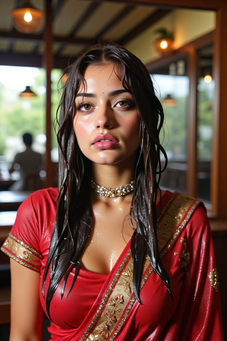 (wet clothes, wet hair, wet face, wet skin, wet curly hair) ,

 Wet clothes. Wet hair, wet skin, slimy hair, slimy clothes, wet saree


A hyperrealistic portrait of a beautiful  soaking wet Indian woman with long, wavy wet black hair in a coffee shop. The lady looks into the camera with a slightly open mouth and wears an Indian-style jeweled choker that hides her neck. She has striking brown almond-shaped eyes, framed by thick lashes, and radiant, flawless skin. Dressed in a wet soapy  silk saree with intricate gold embroidery, paired with a wet rich  blouse, she stands confidently in a poised fashion model stance. She also wears a matching shawl. She wears delicate gold jewelry and a traditional red bindi. The lighting is soft and natural, casting a warm glow and subtle shadows, enhancing her elegant attire. Shot in 8K, every detail is rendered with stunning clarity and depth.", "n": 1 award-winning photograph, by Boris Vallejo, Raphael, Caravaggio, Greg Rutkowski, Beeple, looking like Madhubala and Cleopatra. Beksinski, sun ray tracing, 8k, dslr, soft lighting, high quality, film grain, Fujifilm XT3 --ar 2:3 Negative Prompt: (long neck:2), (ugly face:0.8), cross-eyed, (worst quality:2), (low quality:2), (normal quality:2), lowres, normal quality, bad anatomy, tilted head, lowres, bad anatomy, bad hands, text, error, missing fingers, extra digit, fewer digits, missing fingers, missing arms, missing legs, extra digit, extra arms, low details, oversaturated, undersaturated, overexposed, underexposed, grayscale, bw, bad photo, bad photography, bad art:1.4), (watermark, signature, text font, username, error, logo, words, letters, digits, autograph, trademark

4K, RAW, masterpiece, soakingwetclothes, high definition, luxury fashion photography, professional news studio atmosphere., Fetishwet,Enhanced all,Wetfetish,covered in oil,covered in mud,wam,pouring oil,wetlook,pouring oil