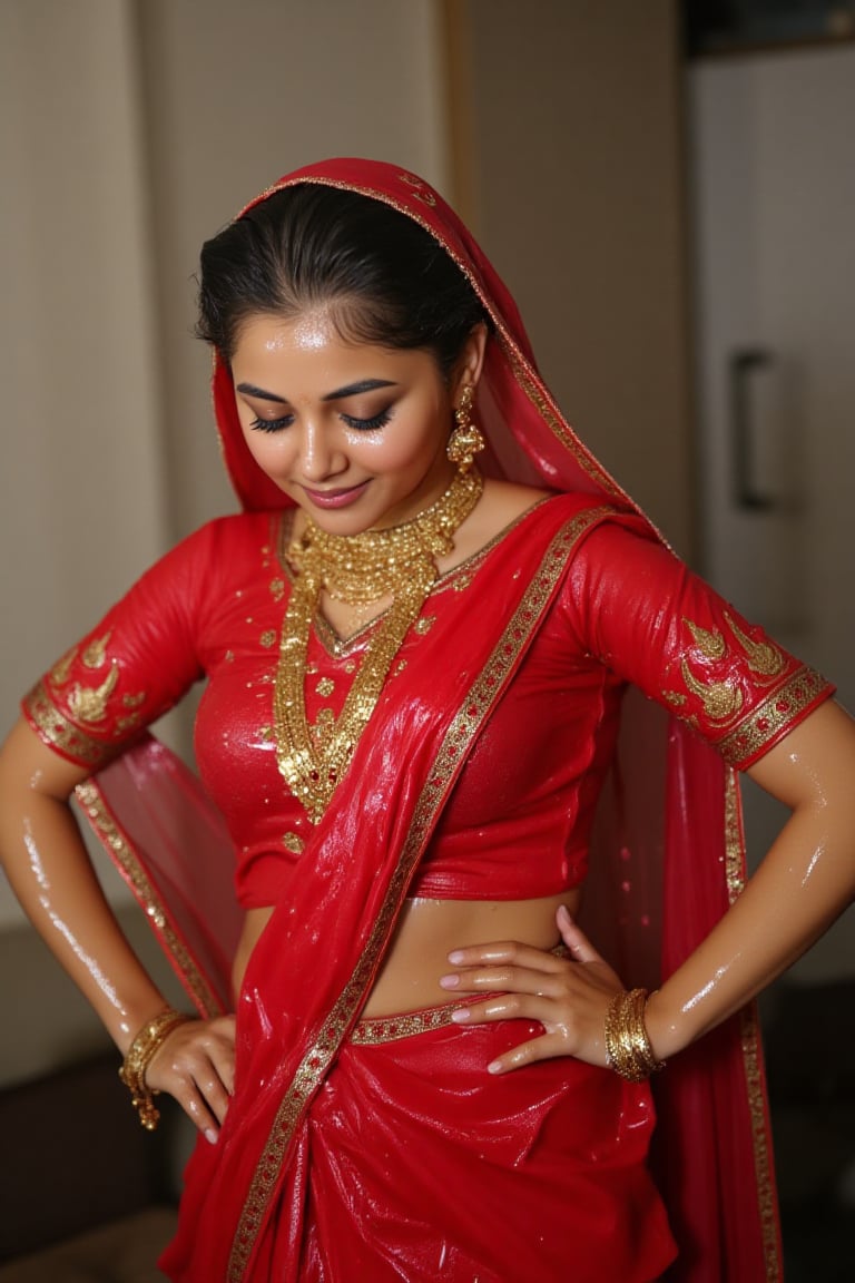 ((wet clothes, wet hair, wet face, wet skin, )), detailed soaking wet Norwegian woman in her 20s wearing wet slimy indian traditional bridal saree, traditional bridal vail, and jewelery , detailed wet slimy red traditional bridal saree, detailed gold jewelery , full body image . The soft light illuminates the left side of the frame, casting a flattering glow on her serene expression.,Fetishwet,Wet,covered in oil,covered in mud,wam,wet clothes,pouring oil,wetlook,pouring oil, the girl is completely doused with transparent slimes, 