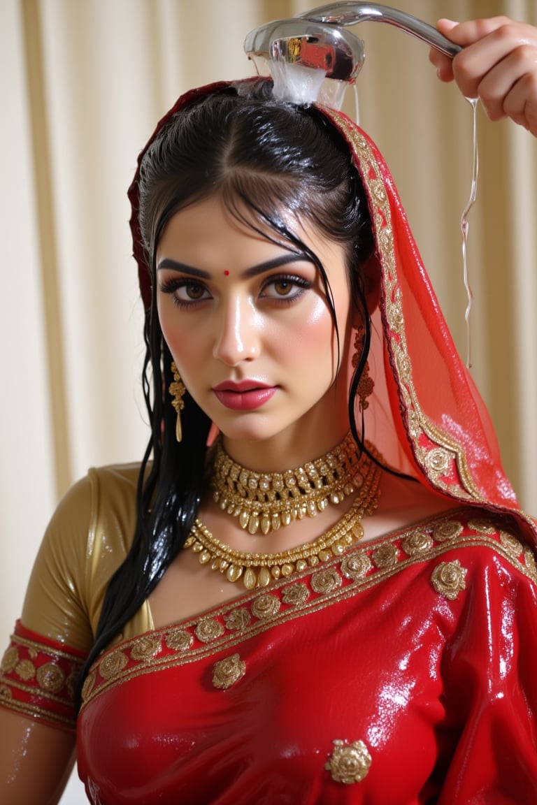 A wet soaked woman adorned in traditional very wet South Asian attire, possibly representing a bride or a bridesmaid. She is wearing a vibrant red saree with intricate gold embroidery and motifs. The saree is draped over her left shoulder, revealing a golden blouse underneath. She also wears a maroon bridal veil.which drpaed from her hair to her right shoulder. She is accessorized with a multi-layered necklace, large earrings, and multiple bangles on her right wrist. A maang tikka, a traditional headpiece, rests on her forehead. The background is soft and blurred, emphasizing the woman as the central focus. Wet clothes clinging on her, wetness visible. Their clothes, hair, skin are completely soaking wet.  Their hair, clothes, and skin are completely wet, slimed with transparent gunge and both of their wet clothes cling to their skin. .. Shampoo in hair. Soap flowing through clothes. brown eyes, small earring in right ear, very long eyelashes, sensual lips, provocative but conservative expression. They are completely doused in water and transparent slime. her hair is fully slimed and gunjed.

.The soft light illuminates the left side of the frame, casting a flattering glow on her serene expression.,Fetishwet,Wet,covered in oil,covered in mud,wam,wet clothes,pouring oil,wetlook,pouring oil, the girl is completely doused with transparent slimes, ((Wet clothes, wet skin, wet hair, slimed clothes, slimed hair, slimled skin),Enhanced all