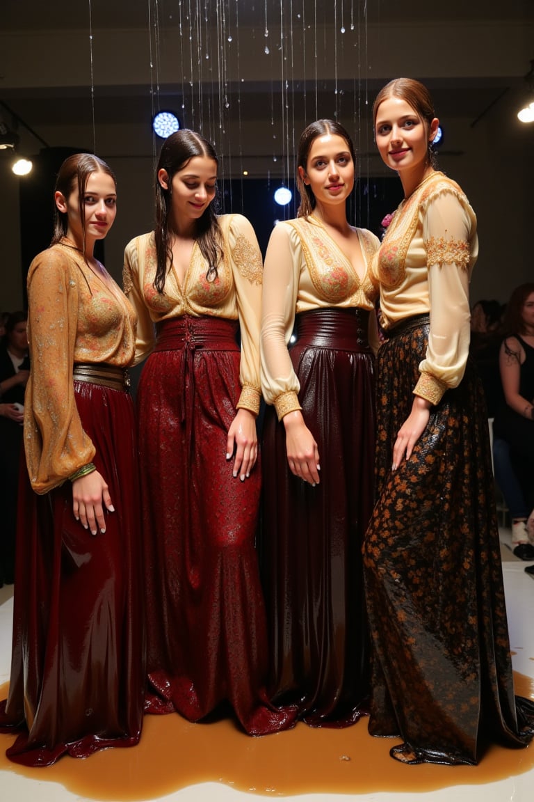 An image of Four beautiful soaking wet slimy greek elegantly fashionable wet women in wet victorian longskirt attire in a fashion show, All of them are wearing highly fashionable  wet longskirt with richly patterned intricate motifs and wet full-sleeve cotton blouses paired with embroidery shawls draping. Their wet clothes clinging to their bodies. The wet blouses are shining with moisture, creating a glistening effect. The scene is illuminated by the soft, warm light, highlighting the water droplets on their skin. The composition captures their relaxed poses, with the water flowing down their forms, creating a sensual and intimate atmosphere, adding to the ambiance. They are fully doused with transparent slime.  completely wet and slimy, VNS_Add more details,Wet,covered in oil,covered in mud,wam,wet clothes, ,wetlook,,Fetishwet, her dress covered with slime, her skin and hair covered in slime. ((Wet clothes, wet skin, wet hair, slimed clothes, slimed hair, slimled skin)