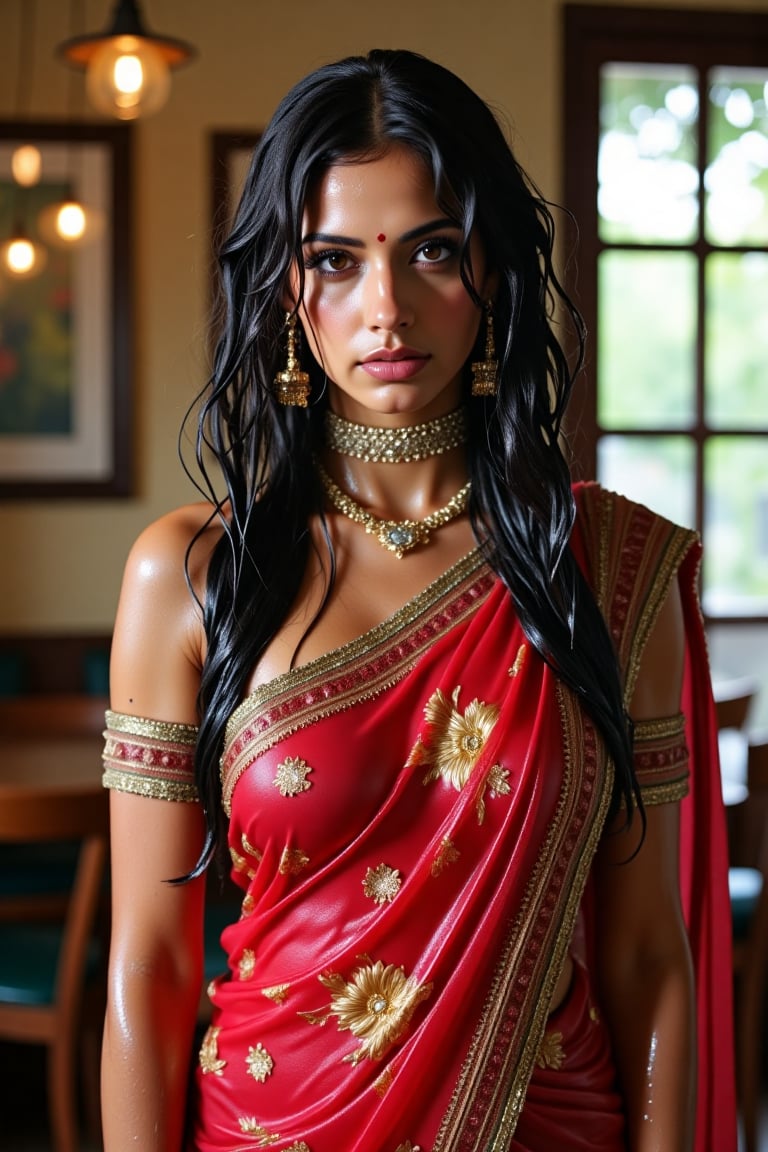 (wet clothes, wet hair, wet face, wet skin, wet curly hair) ,

 Wet clothes. Wet hair, wet skin, slimy hair, slimy clothes, wet saree


A hyperrealistic portrait of a beautiful  soaking wet Indian woman with long, wavy wet black hair in a coffee shop. The lady looks into the camera with a slightly open mouth and wears an Indian-style jeweled choker that hides her neck. She has striking brown almond-shaped eyes, framed by thick lashes, and radiant, flawless skin. Dressed in a wet soapy  silk saree with intricate gold embroidery, paired with a wet rich  blouse, she stands confidently in a poised fashion model stance. She also wears a matching shawl. She wears delicate gold jewelry and a traditional red bindi. The lighting is soft and natural, casting a warm glow and subtle shadows, enhancing her elegant attire. Shot in 8K, every detail is rendered with stunning clarity and depth.", "n": 1 award-winning photograph, by Boris Vallejo, Raphael, Caravaggio, Greg Rutkowski, Beeple, looking like Madhubala and Cleopatra. Beksinski, sun ray tracing, 8k, dslr, soft lighting, high quality, film grain, Fujifilm XT3 --ar 2:3 Negative Prompt: (long neck:2), (ugly face:0.8), cross-eyed, (worst quality:2), (low quality:2), (normal quality:2), lowres, normal quality, bad anatomy, tilted head, lowres, bad anatomy, bad hands, text, error, missing fingers, extra digit, fewer digits, missing fingers, missing arms, missing legs, extra digit, extra arms, low details, oversaturated, undersaturated, overexposed, underexposed, grayscale, bw, bad photo, bad photography, bad art:1.4), (watermark, signature, text font, username, error, logo, words, letters, digits, autograph, trademark

4K, RAW, masterpiece, soakingwetclothes, high definition, luxury fashion photography, professional news studio atmosphere., Fetishwet,Enhanced all,Wetfetish,covered in oil,covered in mud,wam,pouring oil,wetlook,pouring oil