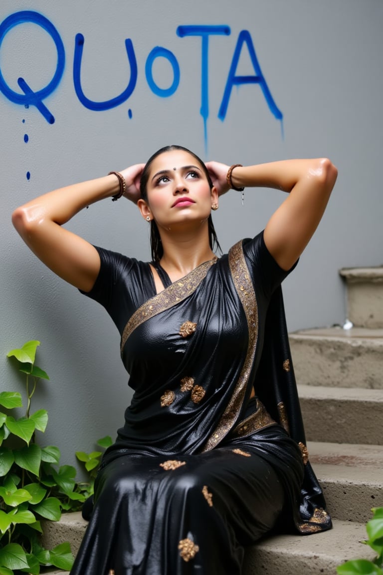 ((wet clothes, wet hair, wet face, wet skin, )), Raw photo,  a soaking wet woman dressed in a wet black  traditional cotton saree with matching wet blouse, sitting on a set of stairs. Her wet saree has golden motif design.   her hands are raised in the air. The woman's wet hair is pulled back in a ponytail, and she's looking up at the sky. The stairs she is sitting on are made of concrete, and the stairs are covered in green ivy leaves. The wall behind her is painted in a light gray color, and there is a blue "QUOTA" spray painted on the wall behind the woman..,Fetishwet,Wet,covered in oil,covered in mud,wam,wet clothes,wetlook, the girl is completely doused with transparent slimes,Wetfetish,Enhanced all