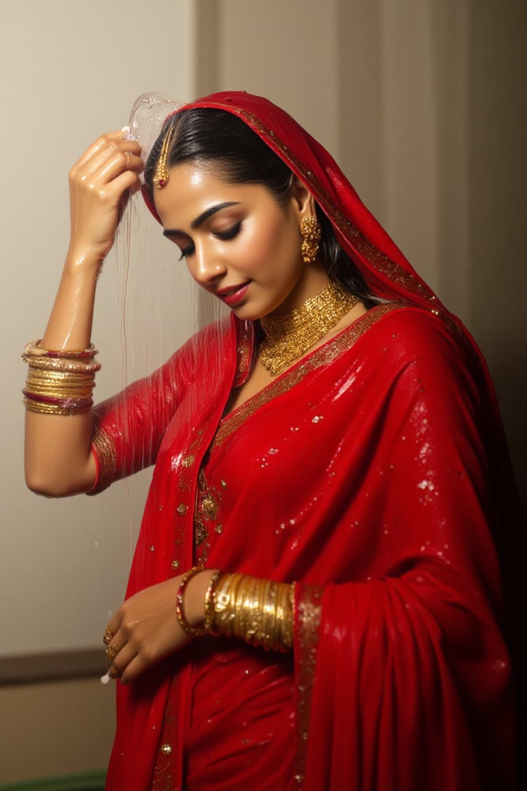 detailed soaking wet indian woman in her 20s wearing wet slimy indian bridal saree, bridal vail, and jewelery , detailed wet slimy red bridal saree, detailed gold jewelery , full body image . The soft light illuminates the left side of the frame, casting a flattering glow on her serene expression.,Fetishwet,Wet,covered in oil,covered in mud,wam,wet clothes,pouring oil,wetlook,pouring oil, the girl is completely doused with transparent slimes, 