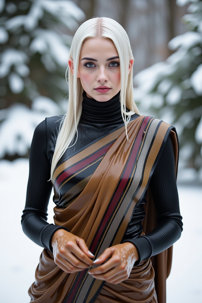 (wet clothes, wet hair, wet face, wet skin) ,

 Wet clothes. Wet hair, wet skin, slimy hair, slimy clothes, wet saree


Captured at eye-level, a soaking wet white hair woman stands in a winter scene, her wet white hair cascades over her shoulders. She is dressed in Wet traditional saree adorned with heavy striped design  , a  wet leather backpack, and wet  gloves. Underneath the saree she wears a wet wool full sleeve wet sweater. Her wet saree is adorned with a matching shawl, adding a touch of warmth to her wet outfit. The background is blurred, creating a stark contrast to the woman's wet outfit., 

4K, RAW, masterpiece, soakingwetclothes, high definition, luxury fashion photography, professional news studio atmosphere., Fetishwet,Enhanced all,Wetfetish,covered in oil,covered in mud,wam,pouring oil,wetlook,pouring oil