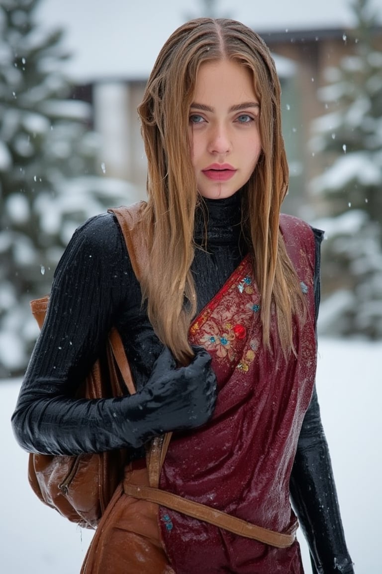 (wet clothes, wet hair, wet face, wet skin) ,

 Wet clothes. Wet hair, wet skin, slimy hair, slimy clothes


Captured at eye-level, a soaking wet blonde woman stands in a winter scene, her wet hair cascades over her shoulders. She is dressed in Wet traditional saree (embroidary design) is adorned with Colored gemstone paired with wet full sleeve bouse , a brown wet leather backpack, and wet black gloves. Her wet saree is adorned with a brown shawl, adding a touch of warmth to her wet outfit. The background is blurred, creating a stark contrast to the woman's wet outfit., 

4K, RAW, masterpiece, soakingwetclothes, high definition, luxury fashion photography, professional news studio atmosphere., Fetishwet,Enhanced all,Wetfetish