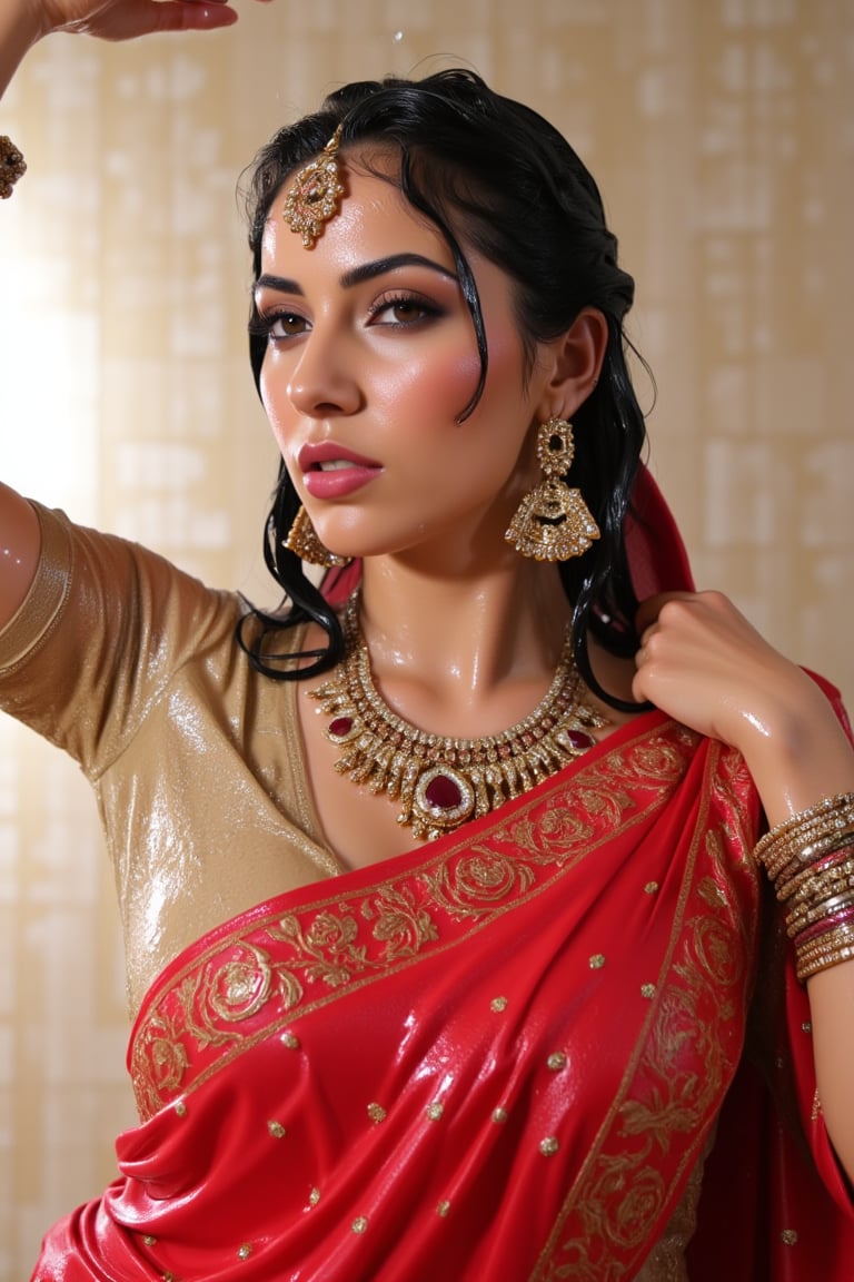 A wet soaked woman adorned in traditional very wet South Asian attire, possibly representing a bride or a bridesmaid. She is wearing a vibrant red saree with intricate gold embroidery and motifs. The saree is draped over her left shoulder, revealing a golden blouse underneath. She is accessorized with a multi-layered necklace, large earrings, and multiple bangles on her right wrist. A maang tikka, a traditional headpiece, rests on her forehead. The background is soft and blurred, emphasizing the woman as the central focus. Wet clothes clinging on her, wetness visible. Their clothes, hair, skin are completely soaking wet.  Their hair, clothes, and skin are completely wet, slimed with transparent gunge and both of their wet clothes cling to their skin. .. Shampoo in hair. Soap flowing through clothes. brown eyes, small earring in right ear, very long eyelashes, sensual lips, provocative but conservative expression. They are completely doused in water and transparent slime. her hair is fully slimed and gunjed.

.The soft light illuminates the left side of the frame, casting a flattering glow on her serene expression.,Fetishwet,Wet,covered in oil,covered in mud,wam,wet clothes,wetlook,, the girl is completely doused with transparent slimes, ((Wet clothes, wet skin, wet hair, slimed clothes, slimed hair, slimled skin),Enhanced all