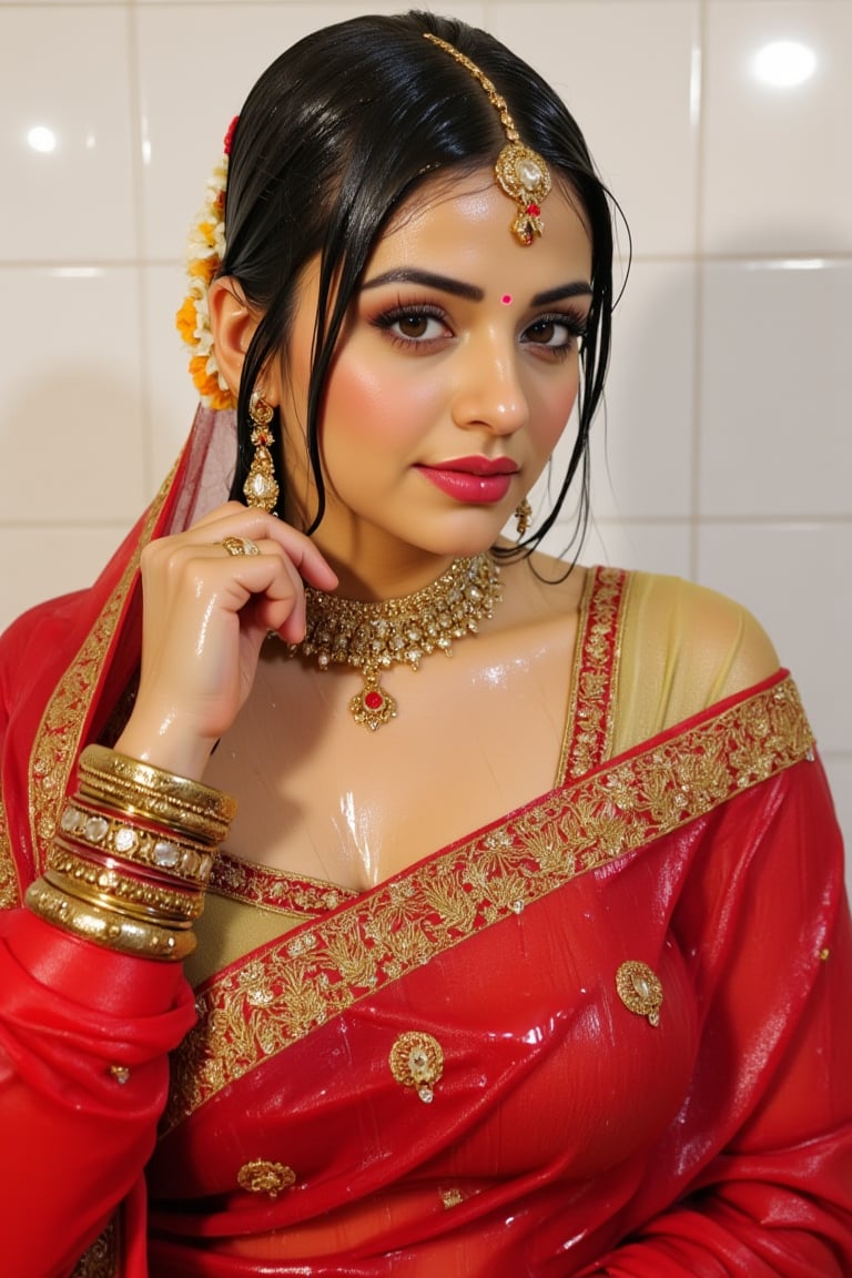 A wet soaked woman adorned in traditional very wet South Asian attire, possibly representing a bride or a bridesmaid. She is wearing a vibrant red saree with intricate gold embroidery and motifs. The saree is draped over her left shoulder, revealing a golden blouse underneath. She is accessorized with a multi-layered necklace, large earrings, and multiple bangles on her right wrist. A maang tikka, a traditional headpiece, rests on her forehead. The background is soft and blurred, emphasizing the woman as the central focus. Wet clothes clinging on her, wetness visible. Their clothes, hair, skin are completely soaking wet.  Their hair, clothes, and skin are completely wet, slimed with transparent gunge and both of their wet clothes cling to their skin. .. Shampoo in hair. Soap flowing through clothes. brown eyes, small earring in right ear, very long eyelashes, sensual lips, provocative but conservative expression. They are completely doused in water and transparent slime. her hair is fully slimed and gunjed.

.The soft light illuminates the left side of the frame, casting a flattering glow on her serene expression.,Fetishwet,Wet,covered in oil,covered in mud,wam,wet clothes,pouring oil,wetlook,pouring oil, the girl is completely doused with transparent slimes, ((Wet clothes, wet skin, wet hair, slimed clothes, slimed hair, slimled skin),Enhanced all