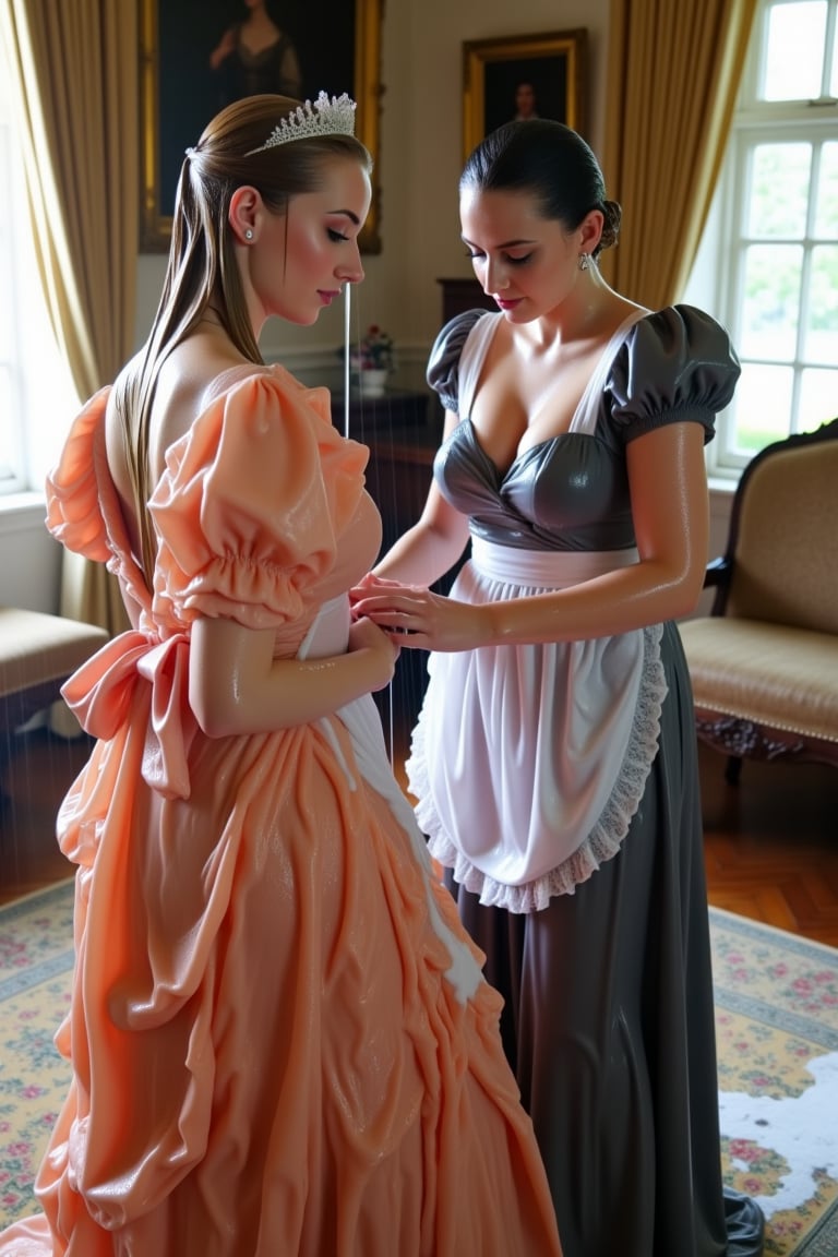 A photo of two soaking wet women in an opulent room with vintage decor. The wet woman on the left is wearing a wet voluminous, glossy peach-colored cotton gown with ruffles and a large wet bow at the back. She has her wet hair styled in an elaborate updo adorned with a tiara. The wet woman on the right is dressed in a wet, long, glossy grayish-blue cotton wet maid outfit with a wet white cotton apron and lace trim. She is bending down, seemingly adjusting or straightening the other woman's wet gown. The room has a window letting in natural light, and there are framed paintings on the walls. A plush carpet lies on the wooden floor, and the ambiance exudes a sense of luxury and elegance. Their hair, clothes, and skin are completely wet, and both of their wet clothes cling to their skin. They have shampoo in their hair, and suds are running down their bodies.. Shampoo in hair. Soap flowing through clothes. brown eyes, small earring in right ear, very long eyelashes, sensual lips, provocative but conservative expression. she is completely doused in water and transparent slime. her hair is fully slimed and gunjed.

.The soft light illuminates the left side of the frame, casting a flattering glow on her serene expression.,Fetishwet,Wet,covered in oil,covered in mud,wam,wet clothes,pouring oil,wetlook,pouring oil, the girl is completely doused with transparent slimes, ((Wet clothes, wet skin, wet hair, slimed clothes, slimed hair, slimled skin)