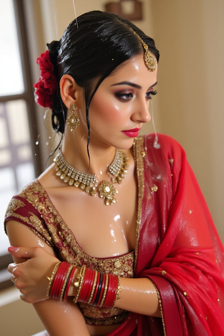 A wet soaked woman adorned in traditional very wet South Asian attire, possibly representing a bride or a bridesmaid. She is wearing a vibrant red saree with intricate gold embroidery and motifs. The saree is draped over her left shoulder, revealing a golden blouse underneath. She also wears a maroon bridal veil, which covers her right shoulder. She is accessorized with a multi-layered necklace, large earrings, and multiple bangles on her right wrist. A maang tikka, a traditional headpiece, rests on her forehead. The background is soft and blurred, emphasizing the woman as the central focus. Wet clothes clinging on her, wetness visible. Their clothes, hair, skin are completely soaking wet.  Their hair, clothes, and skin are completely wet, slimed with transparent gunge and both of their wet clothes cling to their skin. .. Shampoo in hair. Soap flowing through clothes. brown eyes, small earring in right ear, very long eyelashes, sensual lips, provocative but conservative expression. They are completely doused in water and transparent slime. her hair is fully slimed and gunjed.

.The soft light illuminates the left side of the frame, casting a flattering glow on her serene expression.,Fetishwet,Wet,covered in oil,covered in mud,wam,wet clothes,pouring oil,wetlook,pouring oil, the girl is completely doused with transparent slimes, ((Wet clothes, wet skin, wet hair, slimed clothes, slimed hair, slimled skin),Enhanced all