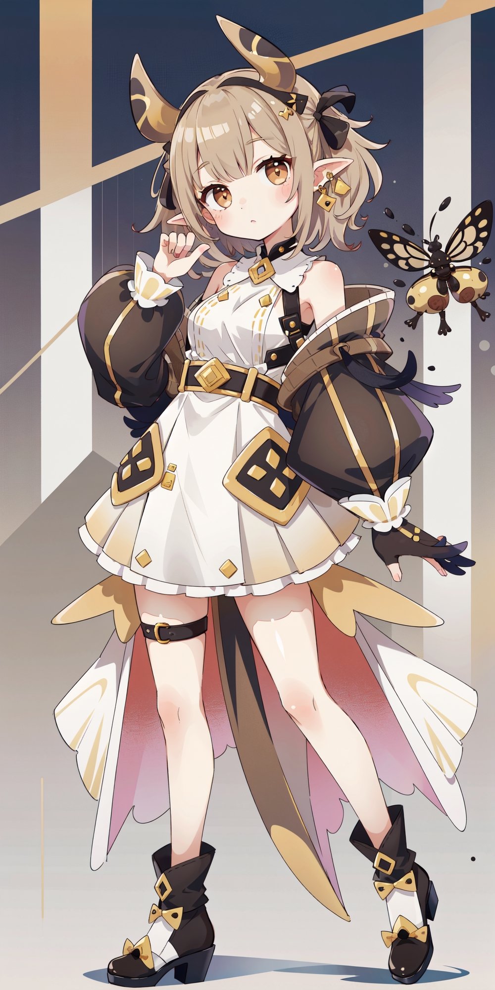 (masterpiece, best quality, highres:1.3), ultra resolution image, (1girl), (solo), kawaii, Design an outfit that captures the graceful yet fierce essence of a horn beetle, blending natural hues and angular elements to create a unique and captivating look for a girl, full_body, brown, beetle outfit, horn beetle outfit