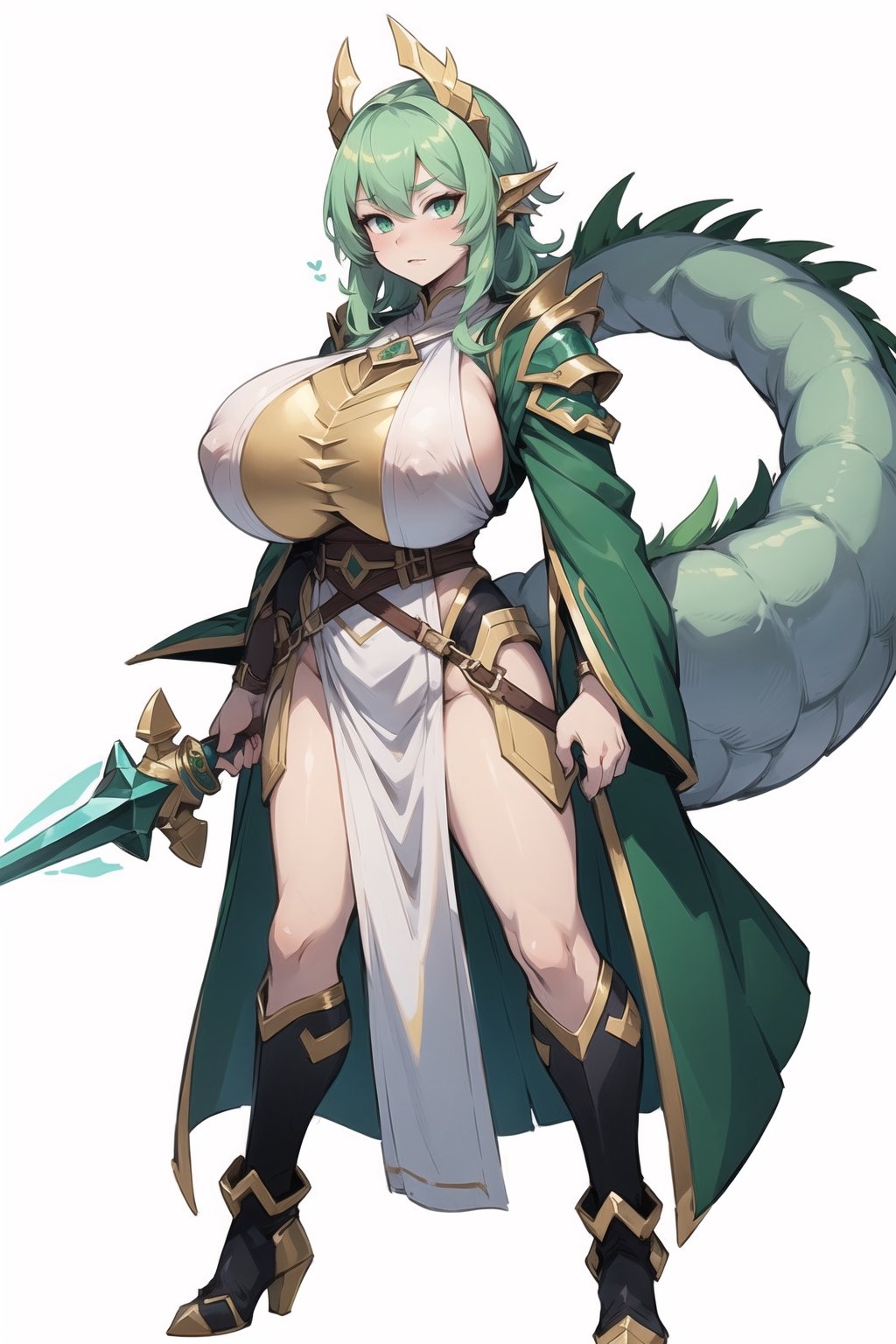 female green dragon knight, full_body, white_background, big_boobies, human , standing,  (bang hair), hold lance, anime_hair, long robe