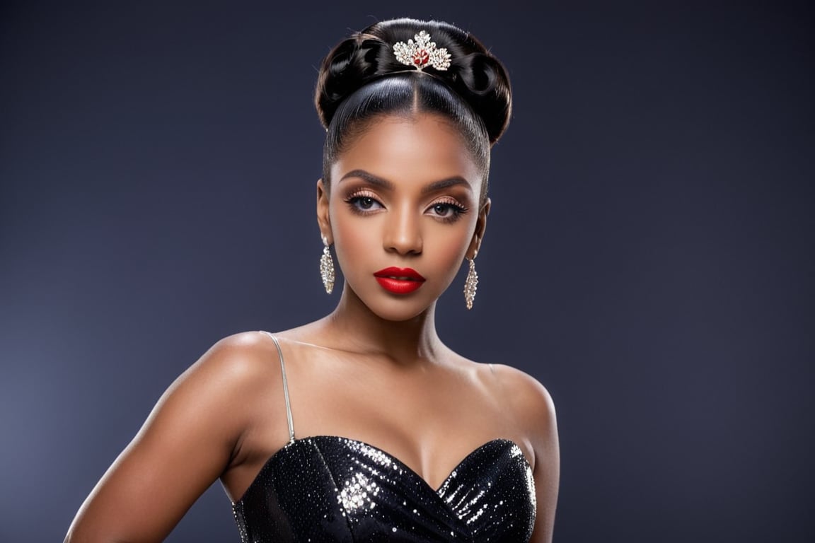 Midnight Majesty: A black woman with sleek black hair styled in a vintage updo and mesmerizing hazel eyes gazes confidently into the camera. She's adorned in a shimmering black dress and red lipstick.