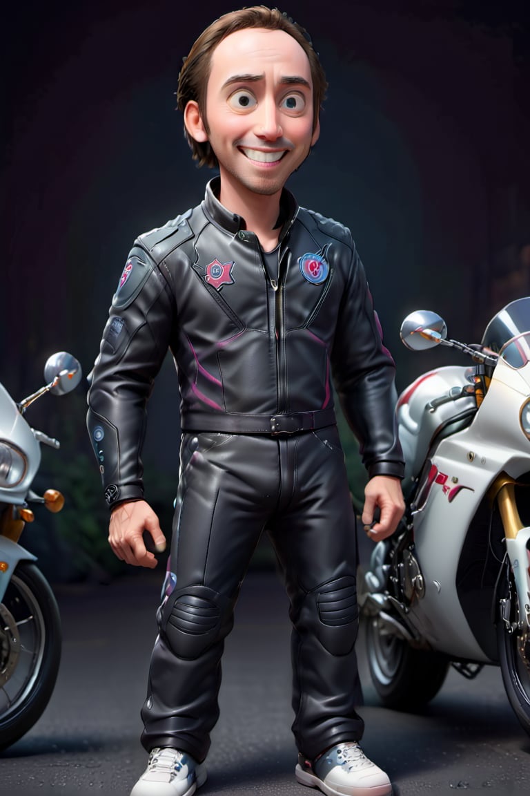 
The cute, adorable and charismatic movie actor Nicolas Cage smiling at the audience and wearing a biker suit, standing next to a high-end motorcycle, 3D cartoon character. hyperrealism, photorealism, beautiful, complex, incredibly detailed photographs. very real image of Nicolas Cage