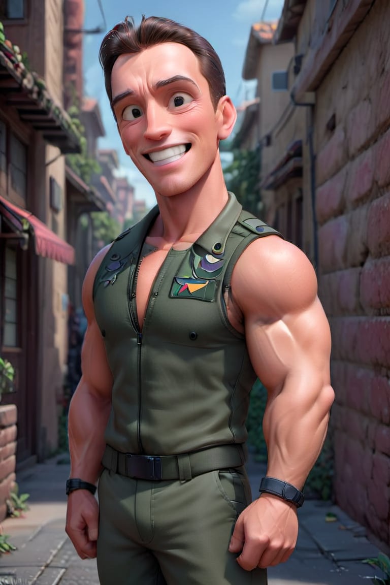 
The cute, adorable and muscular film and TV actor Arnold Schwarzenegger smiling at the public and wearing a sleeveless military commando suit, 3D cartoon character. hyperrealism, photorealism, beautiful, complex, incredibly detailed photographs. very real image of silvester stallone