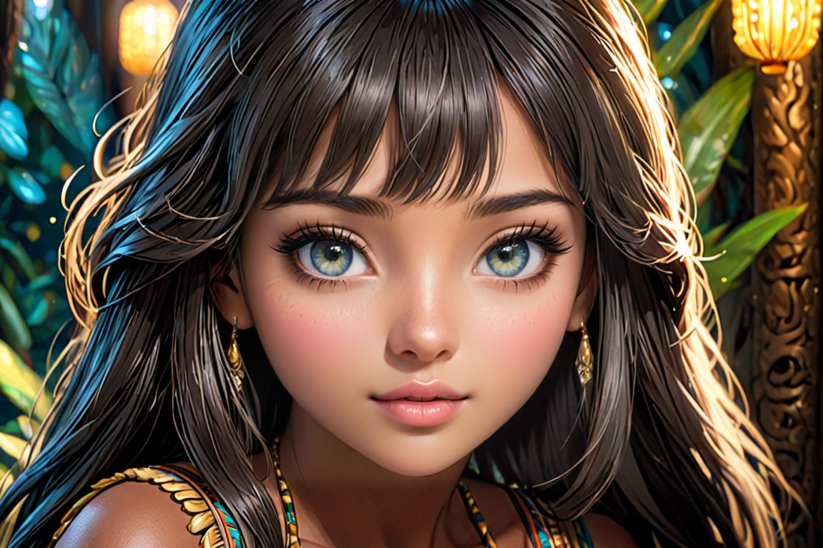 ((top quality)),  ((masterpiece)), girl of Amazonian ethnicity, with a childish face with a shy look, long dark hair with bangs, dark skin,  intricate details, cinematic image, very detailed eyes, very detailed mouth, illuminated by soft light,