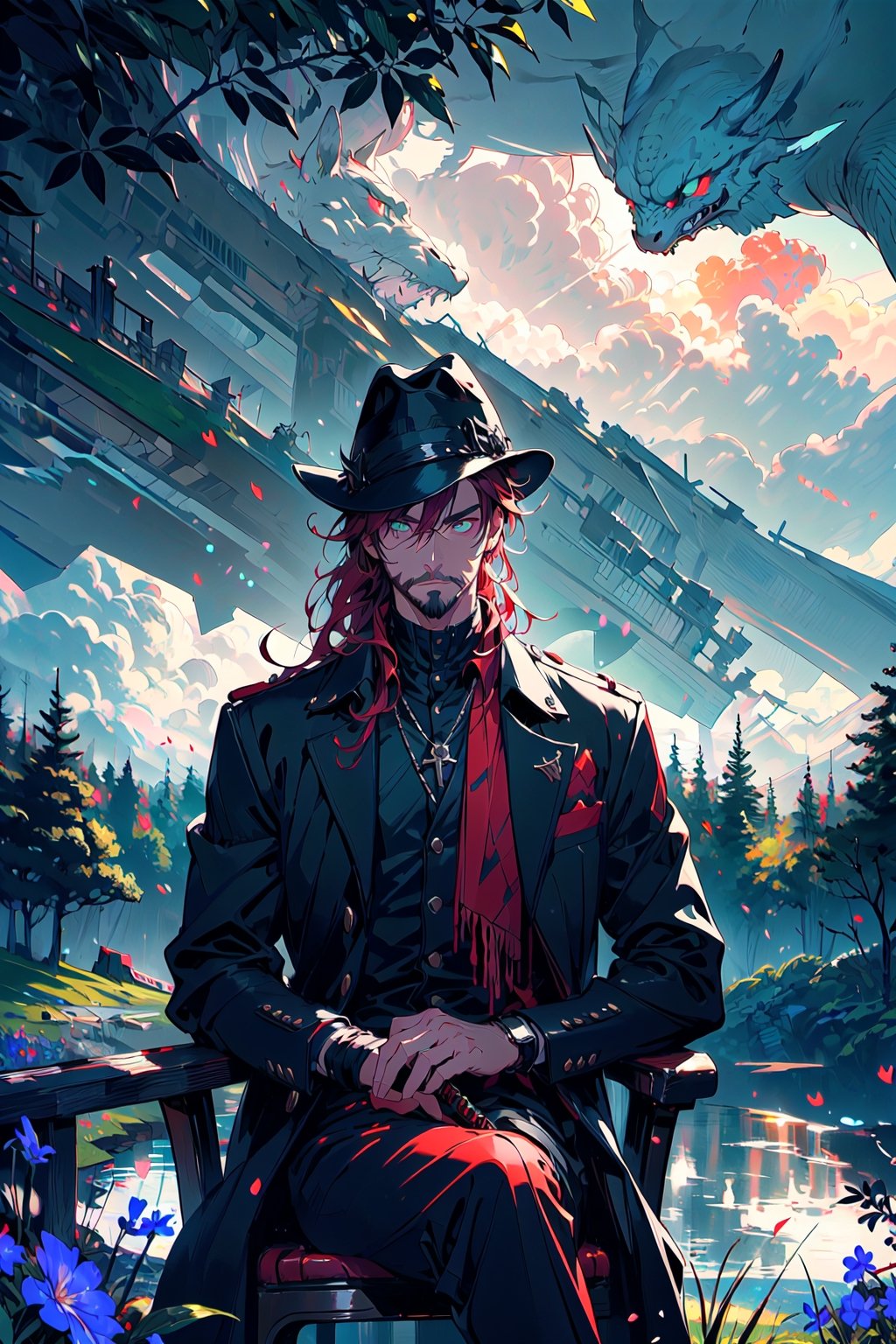 A portrait of a handsome man in slick collared red armored trenchcoat ,  wearing a red fedora,  neck-length wavy hair by W...