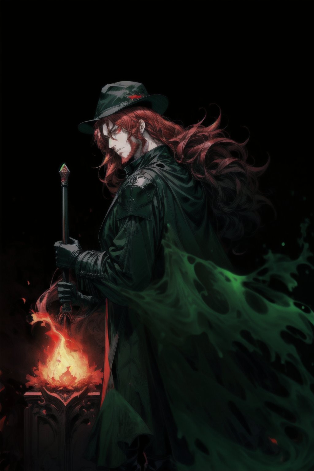 A portrait of a handsome man in slick collared red armored trenchcoat , wearing a red fedora, neck-length wavy hair , 25 years old of age , full beard , white background with green paint splash, evil face expression, red eyes , wearing a thin black turtleneck , reddish hair,The Dark Huntsman ,black steel cane , halberd on the back , blend, bright eyes , green fire ,wearing black boots and black gloves , pyromancer ,