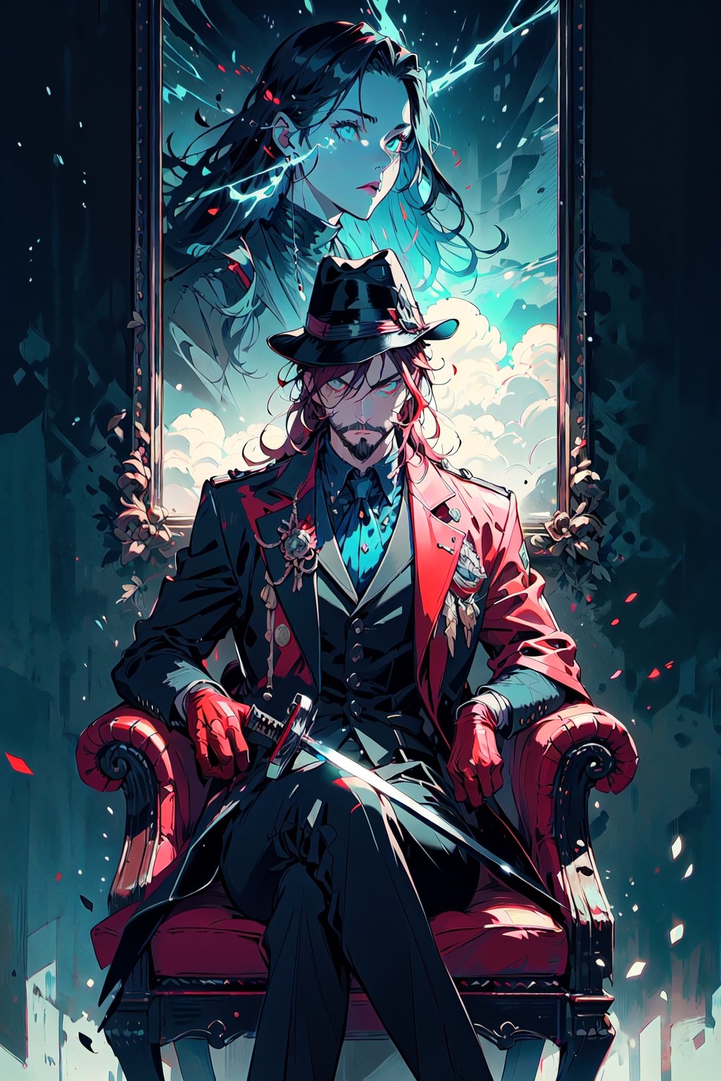 A portrait of a handsome man in slick collared red armored trenchcoat ,  wearing a red fedora,  neck-length wavy hair by W...