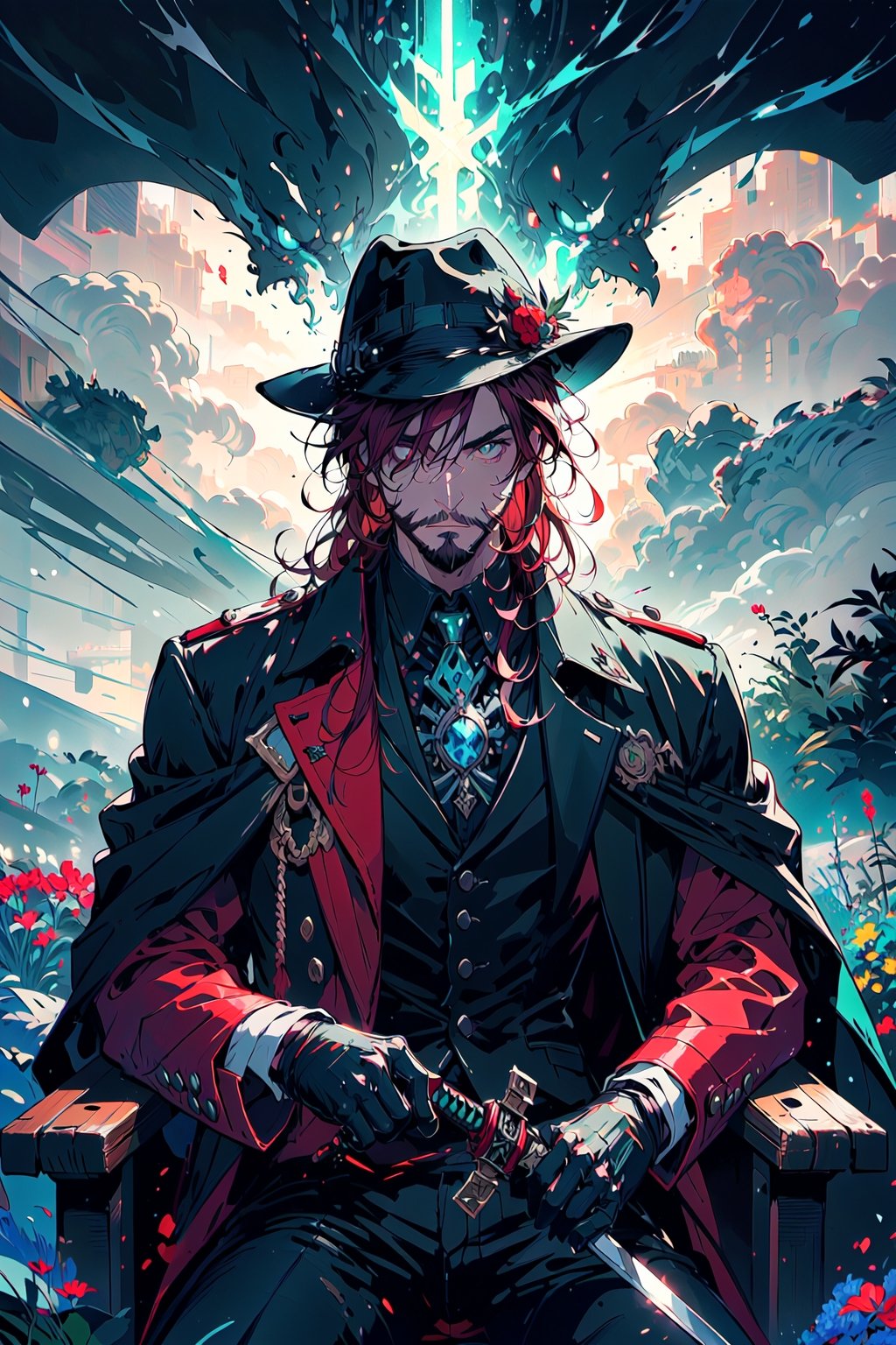 A portrait of a handsome man in slick collared red armored trenchcoat ,  wearing a red fedora,  neck-length wavy hair by W...