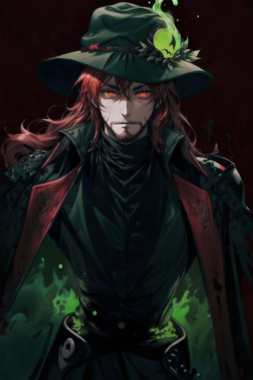 A portrait of a handsome man in slick collared red armored trenchcoat , wearing a red fedora, neck-length wavy hair , 25 years old of age , full beard , white background with green paint splash, evil face expression, red eyes , wearing a thin black turtleneck , reddish hair,The Dark Huntsman ,black steel cane , halberd on the back , blend, bright eyes , green fire ,wearing black boots and black gloves , pyromancer ,