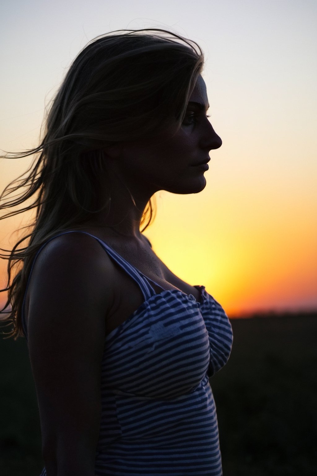 Upper body portrayal of a huge breast young girl, silhouette highlighted against the setting sun, BREAK Backdrop of a fiery sunset, radiant colors of twilight, horizon disappearing into the distance, BREAK Contemplative, peaceful, BREAK Oil painting, romantic realism, BREAK Soft, warm sunset light, strong backlighting, BREAK Close-up shot, shallow depth of field, BREAK High texture detail, high-definition, 4K