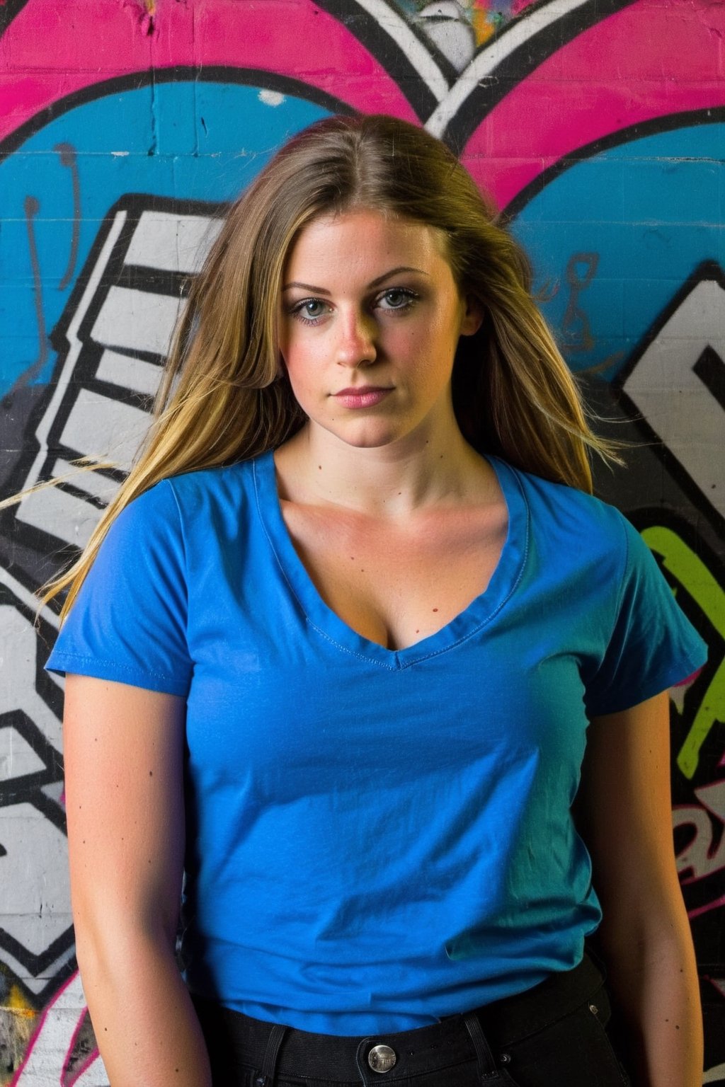 Teen girl in her 20s, huge breast, wear v-neck tshirt, graffiti wall backdrop