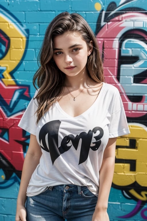 Teen girl in her 20s, huge breast, wear v-neck tshirt, graffiti wall backdrop