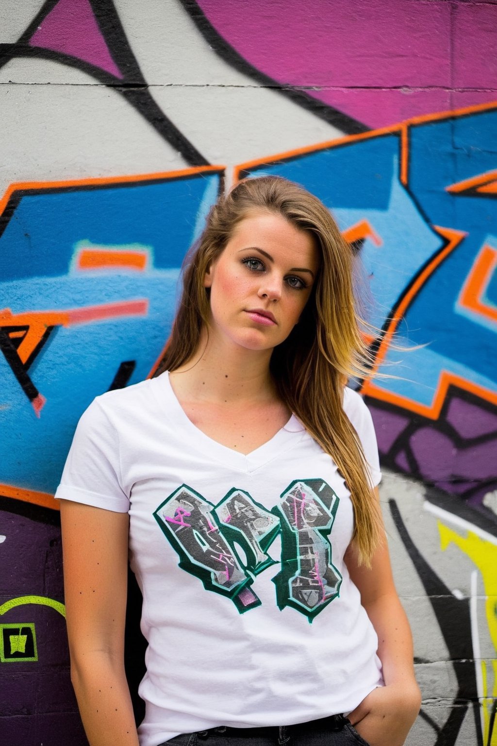 Teen girl in her 20s, huge breast, wear v-neck tshirt, graffiti wall backdrop