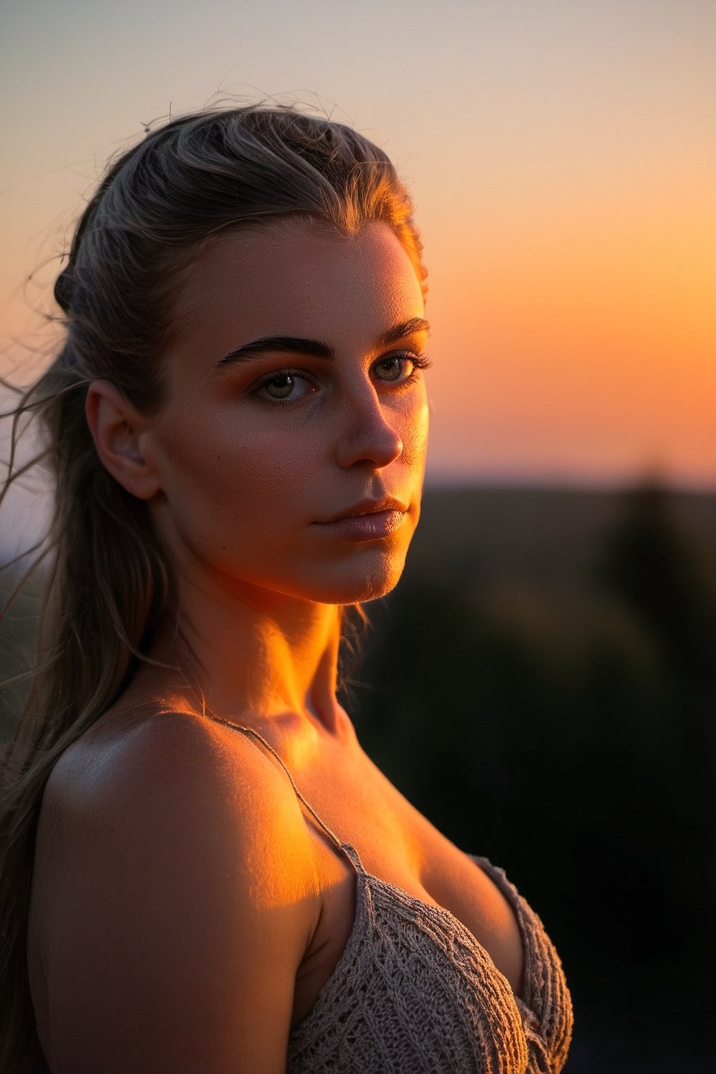 Upper body portrayal of a huge breast young girl, silhouette highlighted against the setting sun, BREAK Backdrop of a fiery sunset, radiant colors of twilight, horizon disappearing into the distance, BREAK Contemplative, peaceful, BREAK Oil painting, romantic realism, BREAK Soft, warm sunset light, strong backlighting, BREAK Close-up shot, shallow depth of field, BREAK High texture detail, high-definition, 4K